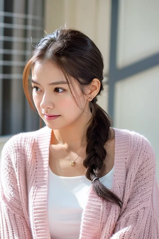 Please create a woman with the same face as the first image I uploaded, wearing the clothes below. Pink cardigan, white blouse. Her hairstyle is a ponytail. The woman's occupation is a psychological counselor. Realistic, masterpiece, Best quality
