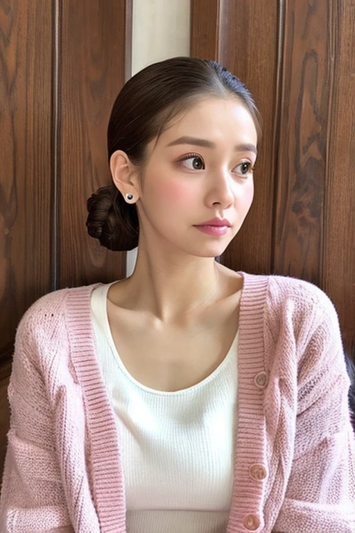 Please create a woman with the same face as the first image I uploaded, wearing the clothes below. Pink cardigan, white blouse. Her hairstyle is a ponytail. The woman's occupation is a psychological counselor. Realistic, masterpiece, Best quality