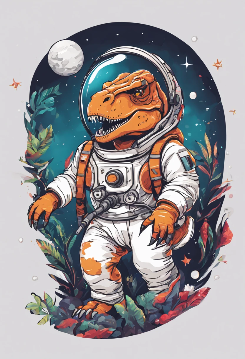 Tyrannosaurus rex animal wearing space suit, cute style images, white backgrounid, contours, a sticker, 干净的white backgrounid, Professional vector, high detal, T-shirt design, A vibrant.