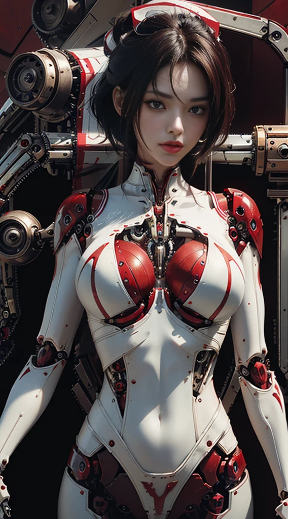 Highest quality, outstanding detail, super high resolution, (fidelity: 1.4), best illustration, favor details, close-up, a mecha girl with a delicate and beautiful face, ((red and white semi-mechanical body: 1.8)), (big breast: 1.2), very sexy, nude, belly button, cleavage, riding on a motorcycle, cyberpunk, futuristic, mechanical aesthetics, complex machinery, background is a high-tech lighting scene of the futuristic city, virtual engine 5, perfect detail rendering, octane rendering, ultra HD