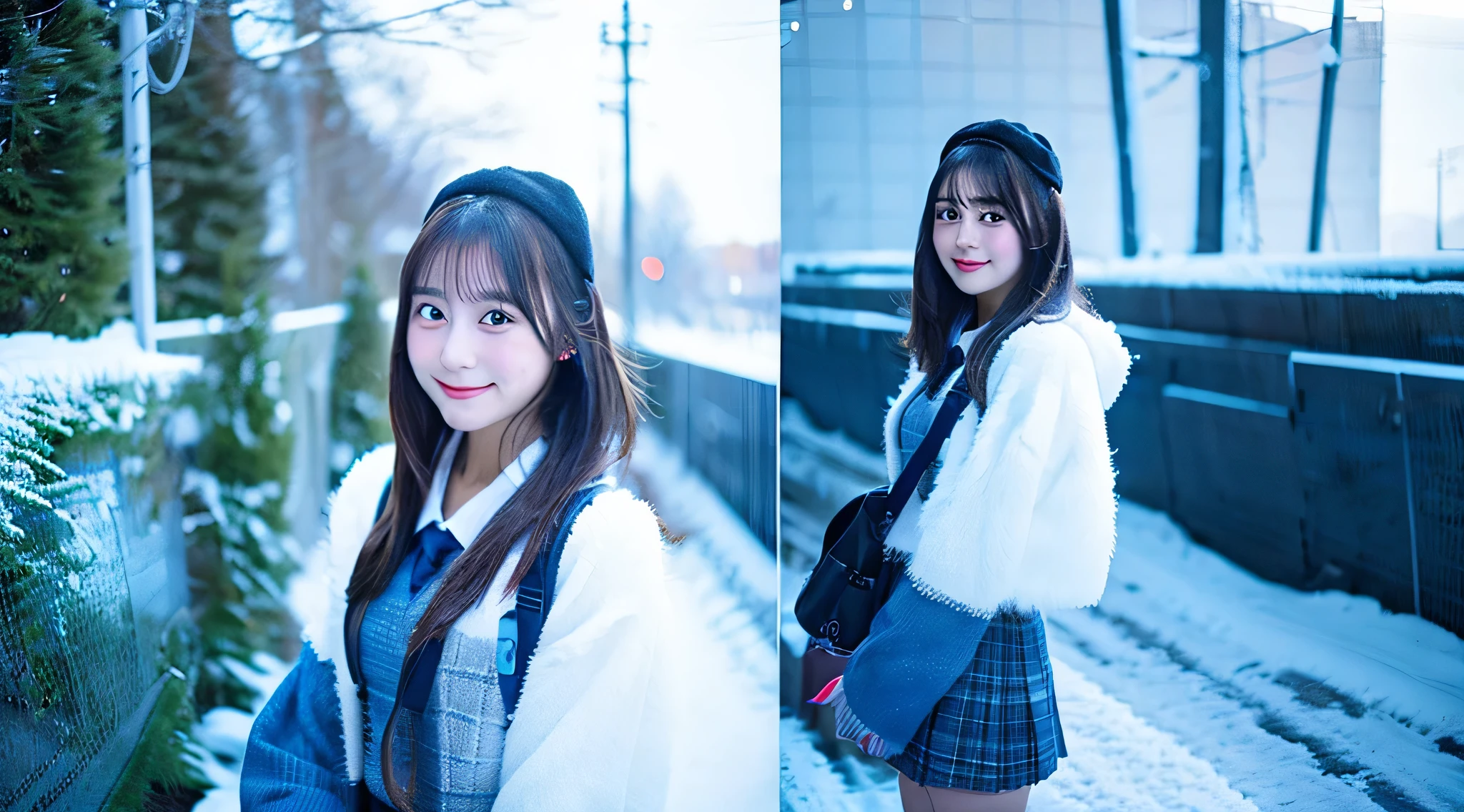 Cute high school girl 18 years old in a blue miniskirt、It&#39;s snowing outside