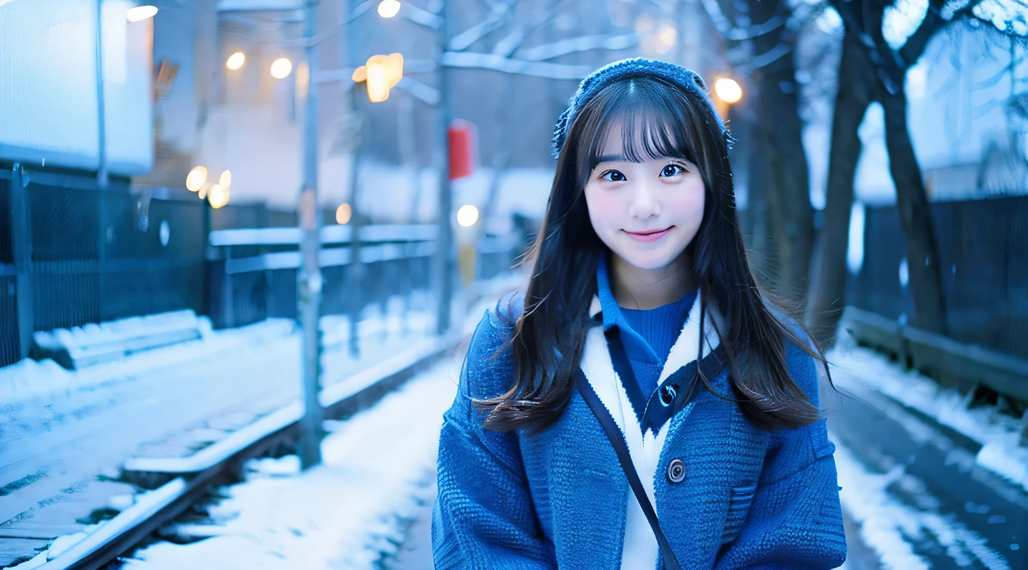 Cute high school girl 18 years old in a blue miniskirt、It's snowing outside