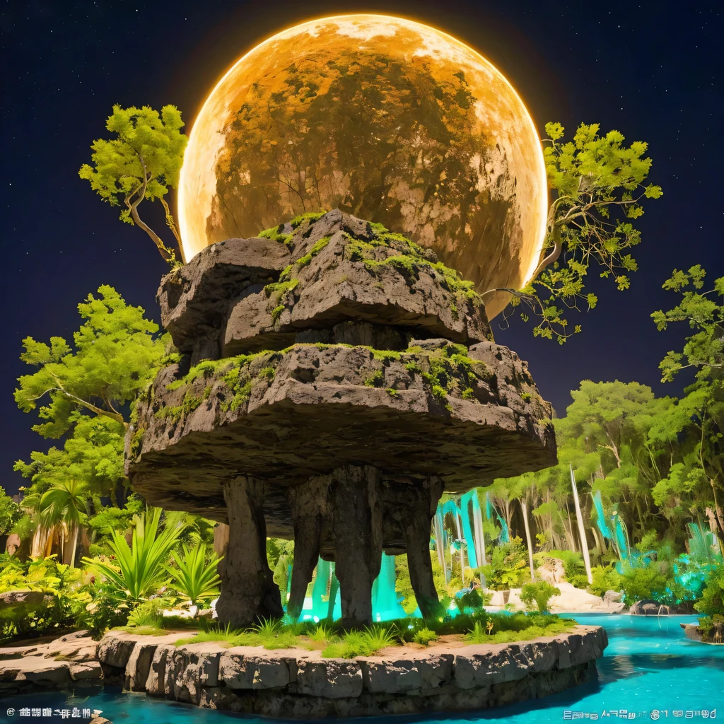 Alien Hexagonal Base (very detailed nipples) In a hexagonal mountain oasis,There are several hexagonal exhaust fans and chimneys, some neon lights projecting from the base,Light up the dark night), There are some clouds in the night sky, Some surrounding planets provide air to unknown planets,The most remote giant hexagonal volcano erupts,the rainforest