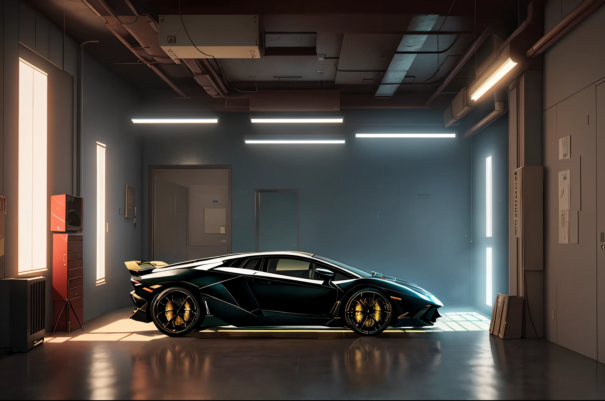 Photorealsitic、top-quality、masterpiece、A highly detailed、Ultra-detailed、Lamborghini Aventador in cyberpunk city。 Trending on CGCieghbour、by Greg Rutkowsky、Loish Rados、Ferdinand Nab、新海誠によるPhotorealsiticなハイパー リアリズム コンセプト アートから、4K 3D rendering rendered using blender and octane global illumination Unreal Engine 5