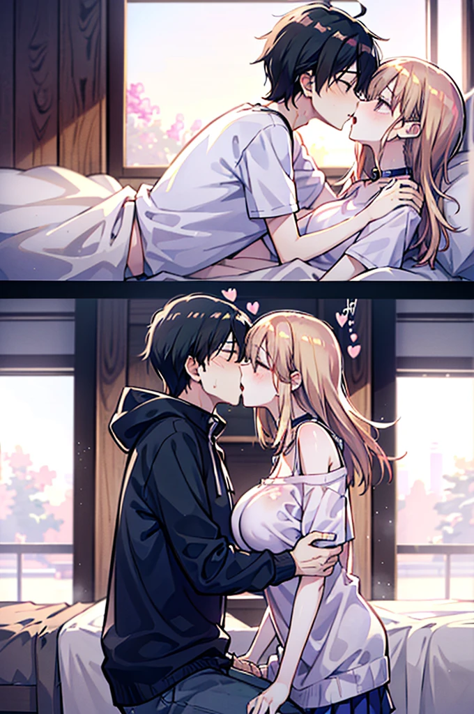 Perfect human body、1 boy,1 girl、A couple、heterosexuality、 NSFW, ((actual, Bedrooms)), (very highly detailed background), (((Stand next to the girl、Guy kisses girl))), Oversized white T-shirt、mini-skirts、鎖骨,Oversized chest, Convex milk,((woman with fever)), ((perspiring,steamy,Upper grades))), 、mini-skirts、((The expression of coloce flushed), 大男子气概的男人Stand next to the girl、looking at viewert,
