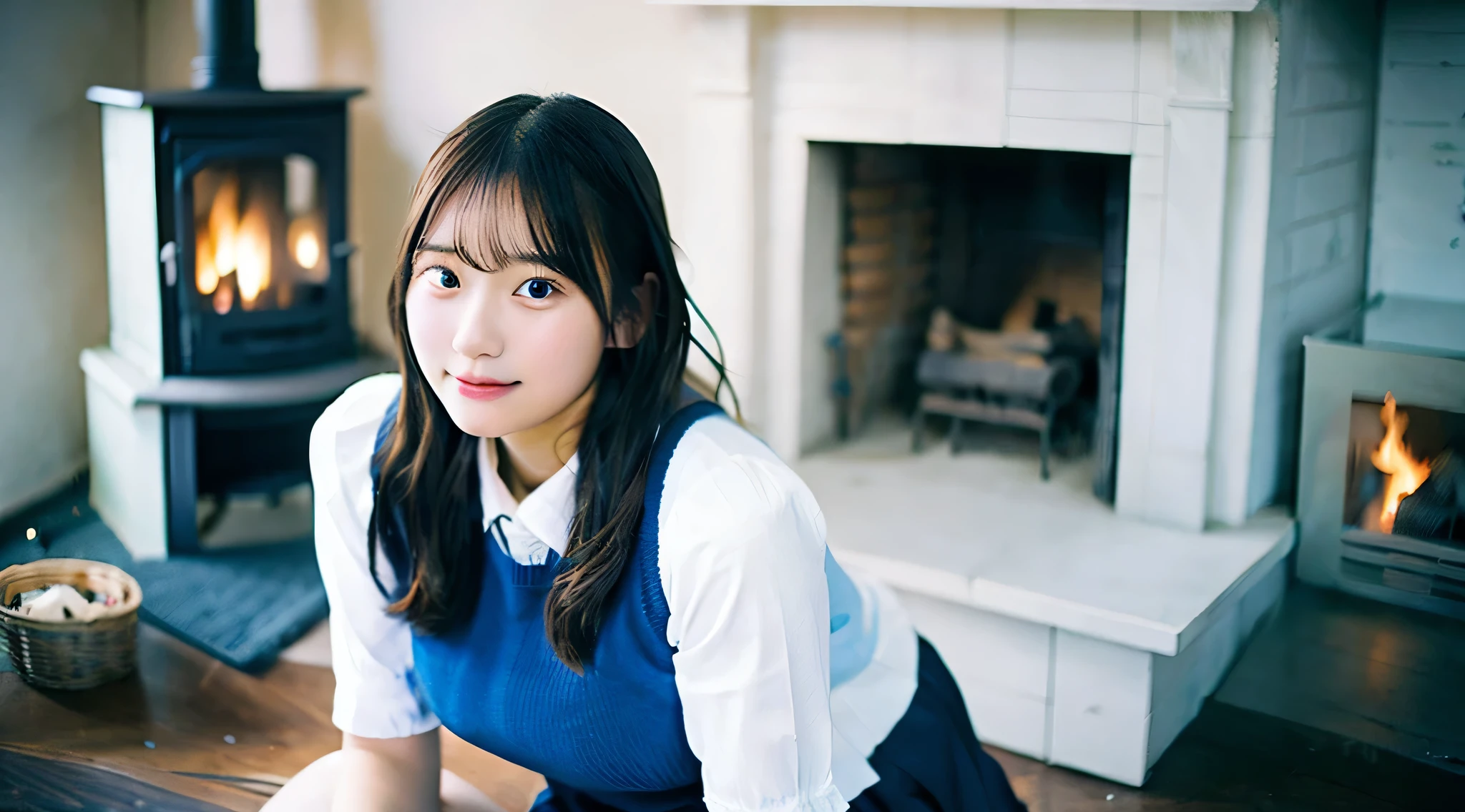 18 year old high school girl wearing a blue miniskirt、The fireplace is burning indoors