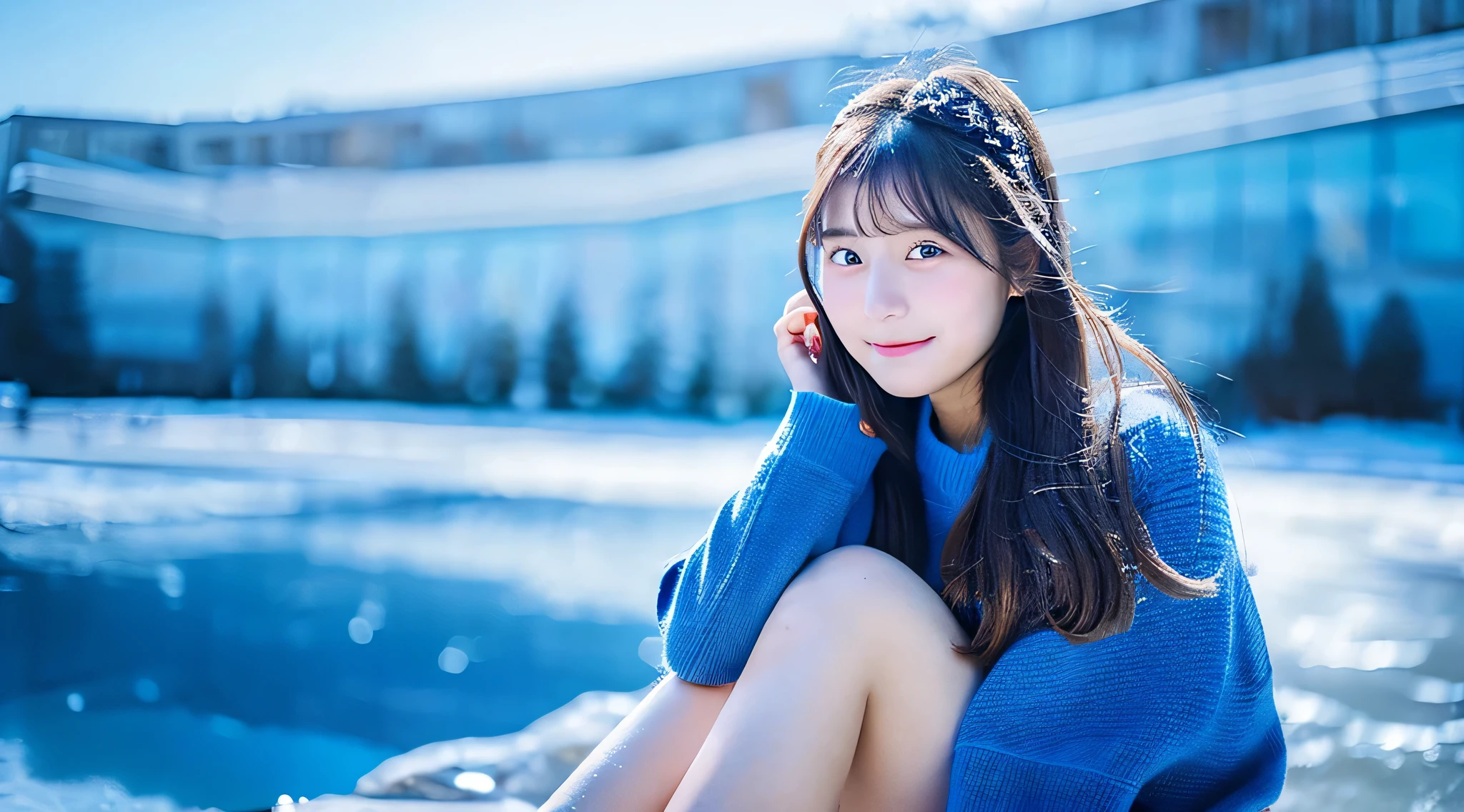 18 year old blue miniskirt high school girl、Winter background