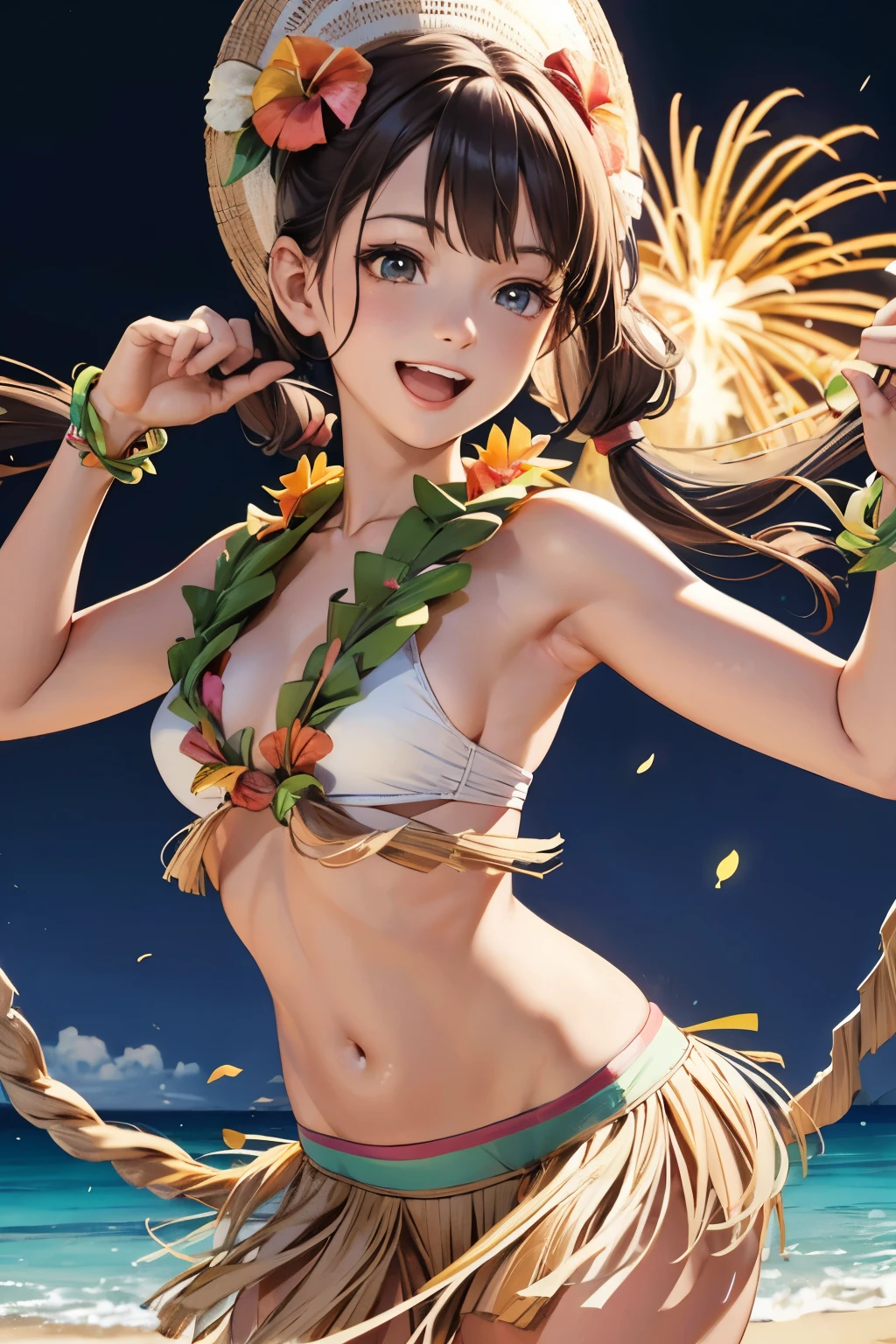 (masterpiece), (best quality), high resolution, ultra detail, photorealistic, 8K, intricate face, detailed body, detailed face, beautiful, 
BREAK
twintails, black hair, bangs, (wearing raffia hula:1.5),(hula dancing:1.4), 
BREAK
setting off fireworks, happy smile, open mouth,
