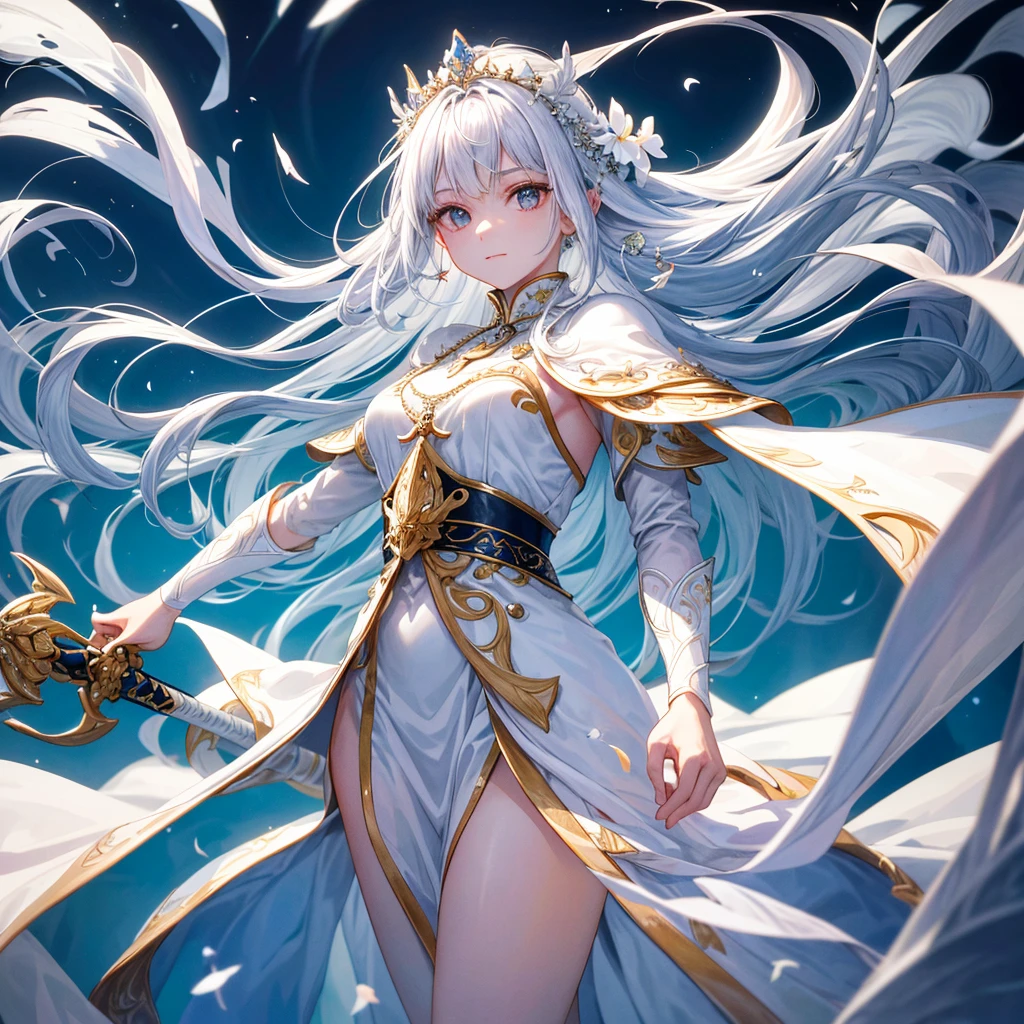 top-quality、Best fingers、best hand、Beautiful female emperor, Crystal clear skin, Beautiful appearance, There is deep wisdom in her eyes, As if she saw through everything in the world, Dressed in a gorgeous white robe, holding a long sword, Robe fluttering in the breeze and silver hair fluttering in the wind, White robes perfectly outline the graceful figure, The attitude is calm and idyllic, Like the perfect fairy
