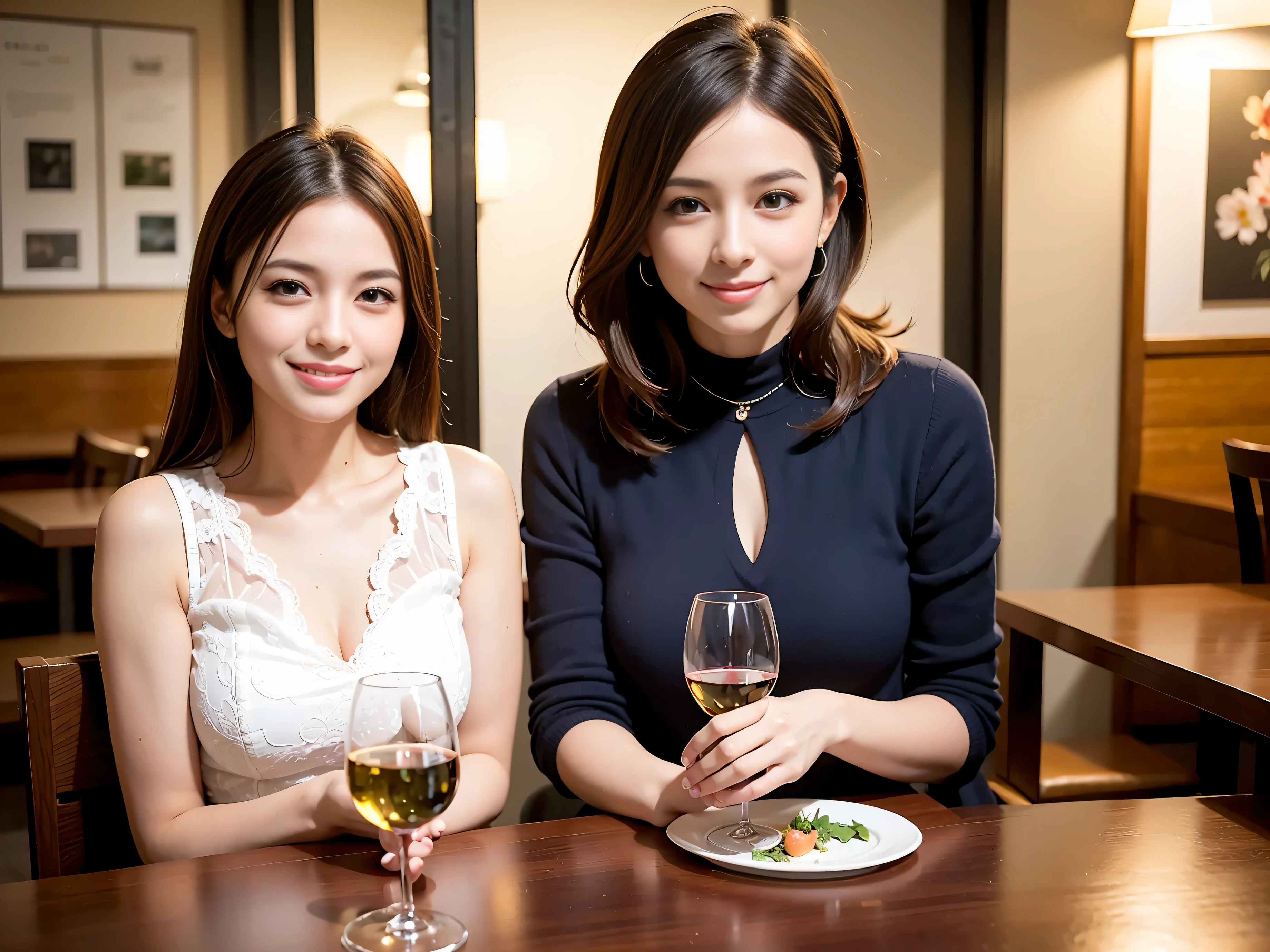 ((Highest quality、8K、masterpiece:1.3))、1 male 1 female、lover、Beautiful couple、Happy smile、full-course dinner、 (Slim face), (the body is スリム), (Brown Hair), (Shortcuts), ((Bob Hale、Straight hair:1.2)), テーブルの上のwine glass、Put the light on your face、 Amazing view of the sunset sky and clouds、The beauty of a smile、Bright image、Blushing, Shortcuts, (Age 35), 39 years old, Appetizers、Italian food、Wine bottle、Champagne、sparkling wine、Long sleeve shirt、dress、Attractive beauty、restaurant, Nova Frog Style, actress, model, Upper Body, White wine, red wine, wine glass, 