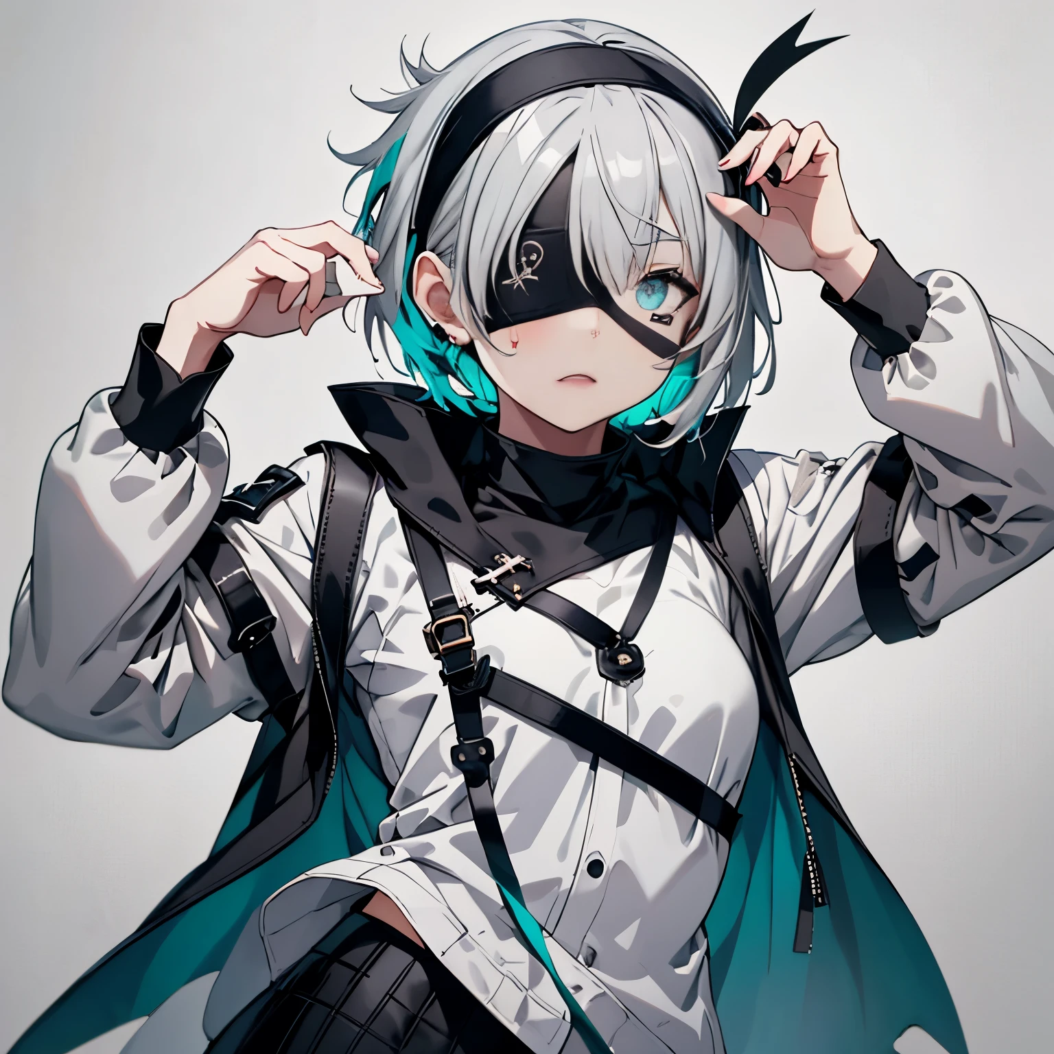 【Highest Quality, masutepiece】 [1 girl, (left eye black eyepatch:1.3) ,Manteau, expressioness, front facing,(right turquoise eye:1.3), White hair, short cut hair,oversize jacket,Happy, Upper body,]  (Gray white background:1.5),