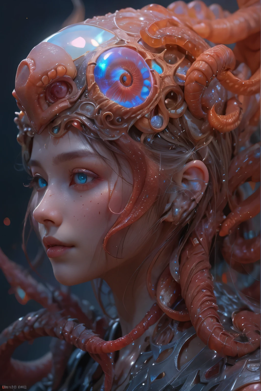 Portrait, (1 beautiful female alien:1.2), (There is a female genital-like organ in the middle of the forehead:1.8), (The most beautiful face in the history of the universe:1.2), (Scarlet eyes that shine mysteriously:1.6), (Translucent skin:1.8), an evil gaze that seduces, (red eyes:1.5), (large mouth:1.1), sharp teeth like a shark, Full body like, (bio luminescent:1.2), (Smile wickedly:1.3), (sexypose:1.5), alien, No humans, cells are fused, (Lots of translucent tentacles:1.1) (Translucent skin:1.3), extraterrestrial, cell, bio image, Best Quality, 8K,4K_quality, High Definition, Dramatic Lighting, masutepiece:1.5,cinematic quality, detail up, (Intricate details:1.2), High resolution, High Definition, drawing faithfully, (Thick eyebrows:1.2), Beautiful eyes with fine symmetry, (Ultra detailed eyes:1.2),(Highly detailed face and eyes:1.2), (High-resolution red-eye:1.4), Intimate face, (Super detailed skin quality feeling:1.4), Perfect Anatomy, (Beautiful toned body:1.5), (Moist skin:1.2), No makeup, (dark circles:1.1), long canines, cinematic drawing of characters, ultra high quality model, cinematic quality, detail up, (Intricate details:1.2), High resolution, High Definition, drawing faithfully, Official art, Unity 8K wall , 8K Portrait, Best Quality, Very High resolution, ultra detailed artistic photography, midnight aura, unreal enginee 5, Ultra Sharp Focus, art by alberto seveso, ArtGerm, Roisch, intricate artwork, best quality, masutepiece, ultra High resolution, (photos realistic:1.4), Ultra-realistic realism, dream-like, nautilus, Creation of fantasy, Snail, Dream Snail, (biopunk nautilus:1.3), Thrilling color schemes, Ultra-realistic realism, seductively smiling, Blue tentacles
