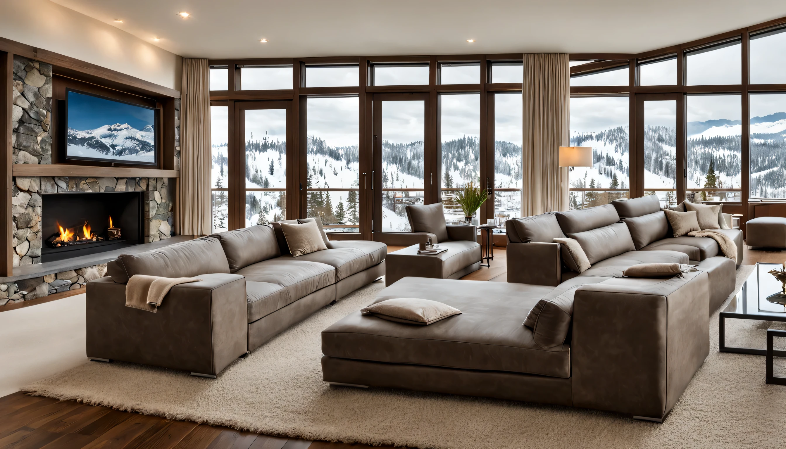 The image showcases a beautifully designed modern living room . It is tastefully furnished with stylish and comfortable furniture including a plush sofa and a coffee table. The room exudes warmth, amplified by a fireplace which stands as a charming centerpiece, offering potential respite from the chilly weather outside.
A significant highlight of the room is the large window offering a breathtaking view of a snow-engulfed town, with the serene white landscape contrasting beautifully with the warm tones inside the cabin.
Subtle lighting fixtures further enhance the overall ambiance of the space, making this living room incredibly cozy and inviting. It's easy to imagine oneself curling up under a blanket on the comfortable sofa, hot drink in hand, enjoying the picturesque winter wonderland outside.