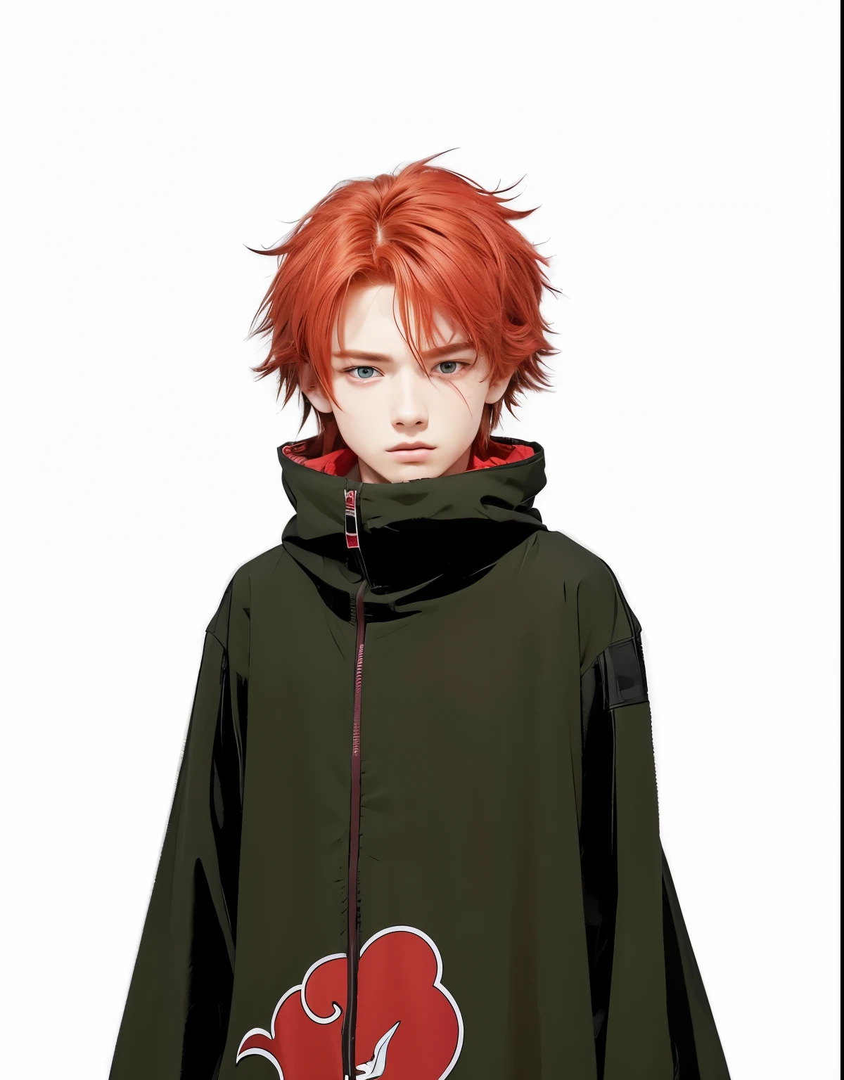 A realistic red-haired teenage boy, (same realistic hairstyle), realistic handsome face, realistic cool expression, adapt the same realistic clothes,realistic light, realistic shadows, good image quality, very good image results, 4k, ultra detailed, realistic, realistic Akatsuki shirt motifs
