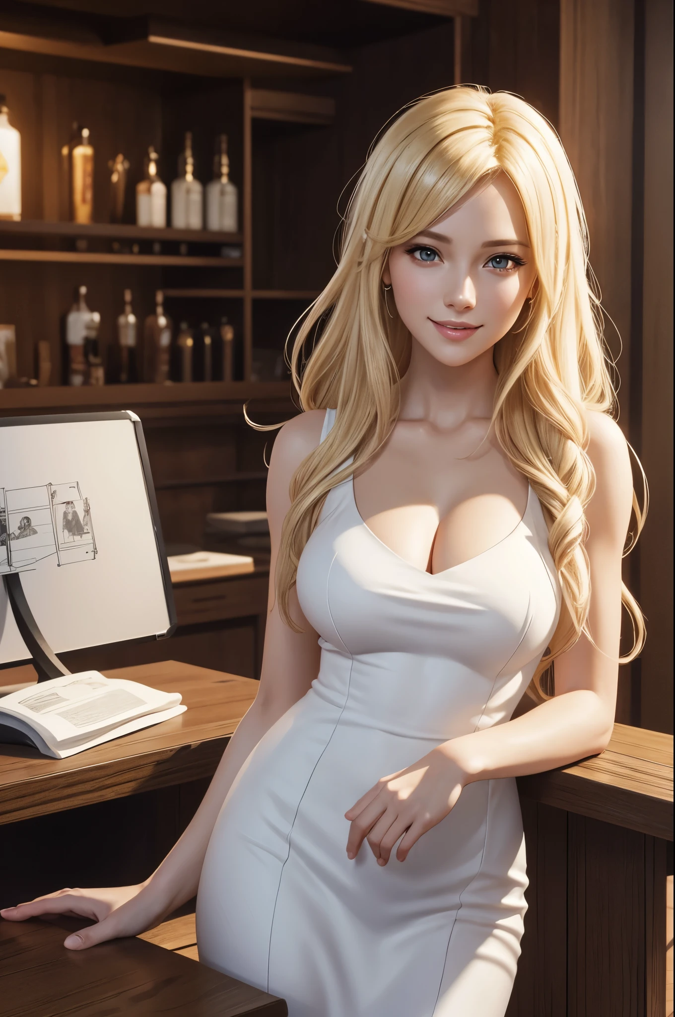 8K,A woman wearing a white dress is taking a photo, Smooth CG art, shiny white skin, 8k high quality detailed art, photorealistic anime girl render, fanart best artstation, character is in her natural pose, Beautiful attractive receptionist woman, elegant smiling pose, smooth digital concept art, very detailed character, White shiny skin,Fantasyart,Adventurer&#39;s Guild Counter,character art,receptionist with big breasts,a blond,