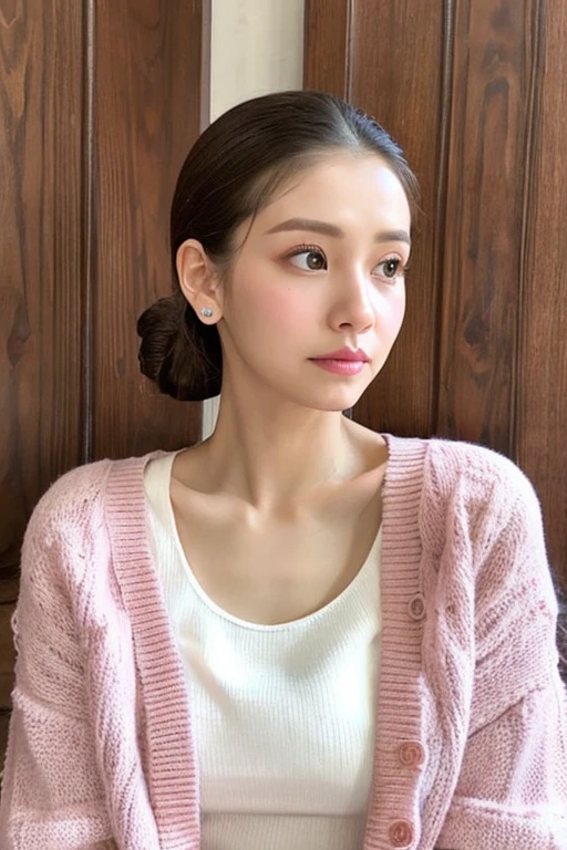 Please create a woman with the same face as the first image I uploaded, wearing the clothes below. Pink cardigan, white blouse. Her hairstyle is a ponytail. The woman's occupation is a psychological counselor. Realistic, masterpiece, Best quality.