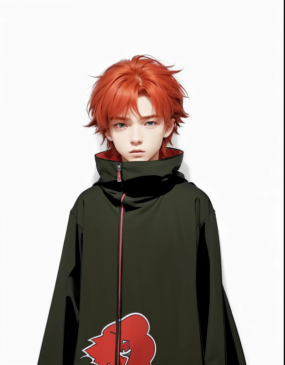 A realistic red-haired teenage boy, (same realistic hairstyle), realistic handsome face, realistic cool expression, adapt the same realistic clothes,realistic light, realistic shadows, good image quality, very good image results, 4k, ultra detailed, realistic, realistic Akatsuki shirt motifs