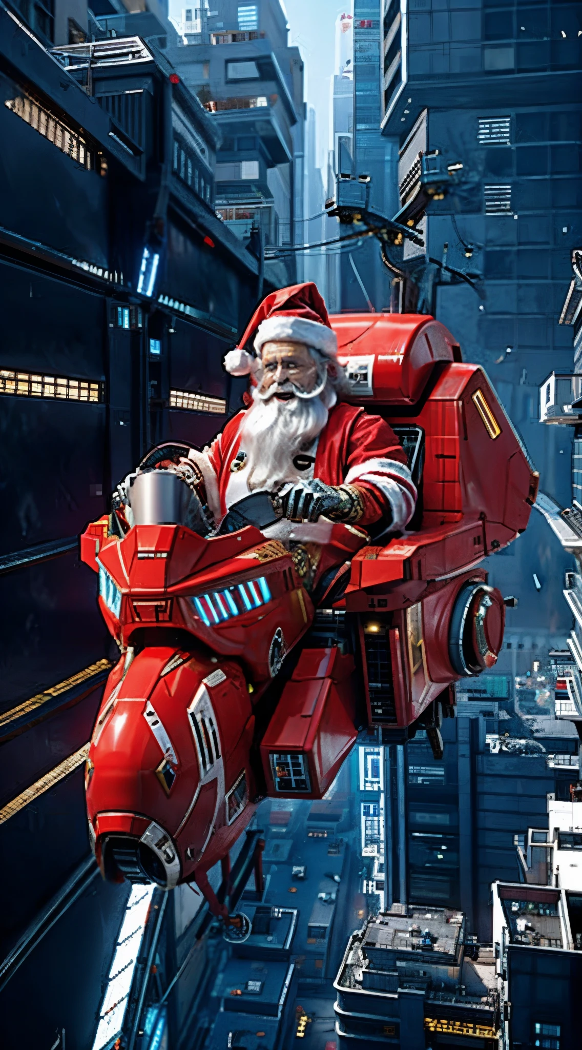 Santa Claus flies a cyberpunk plane，Fly around the city