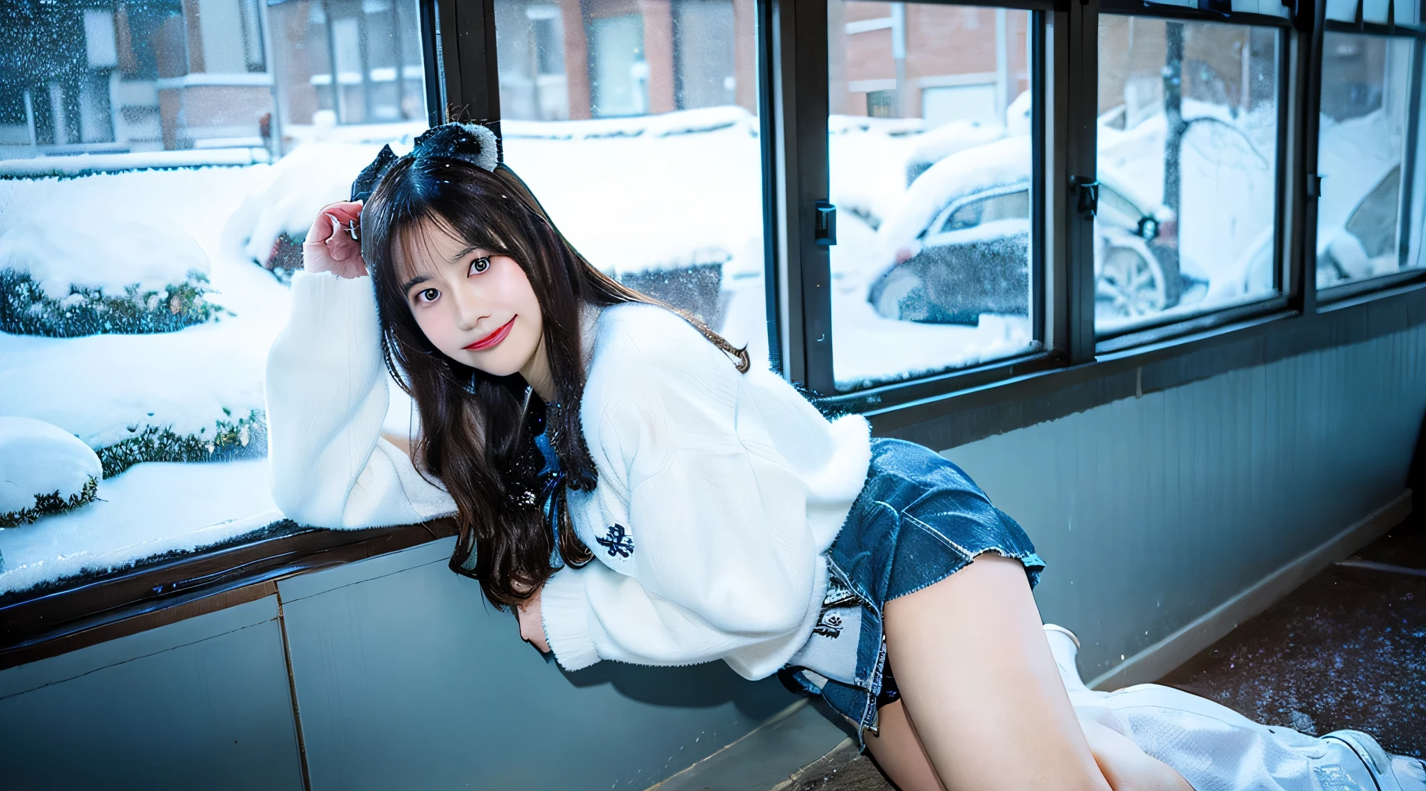 18 year old high school girl wearing a blue miniskirt and white shirt、The background is the classroom and snow outside the window..