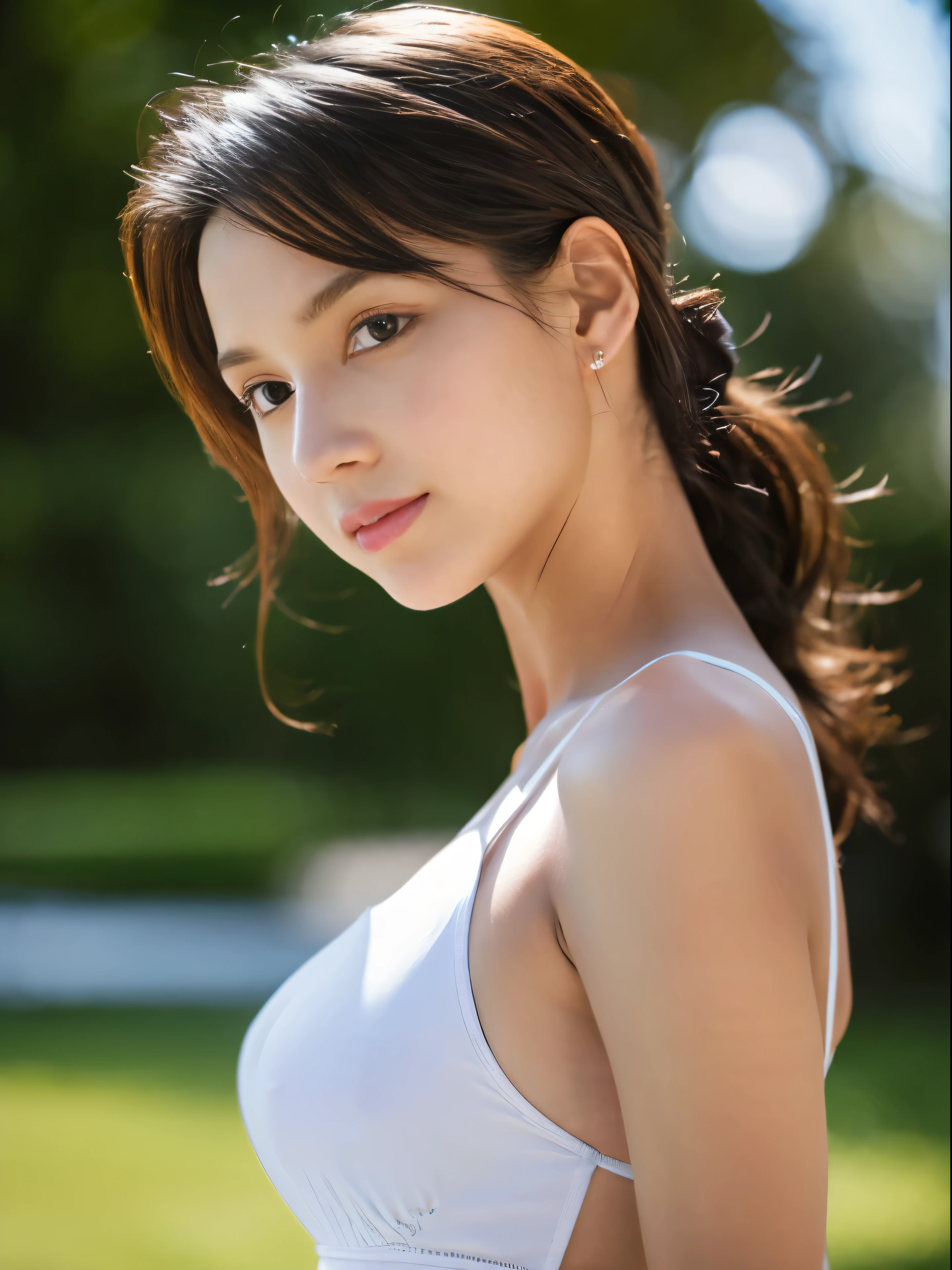 High-quality images,High quality, Perfect Lighting, Detailed face, Detailed body, 1 girl, Solo, blue shirt and white swimsuit,With high definition images,The background is Luxury residential area,sunny morning,