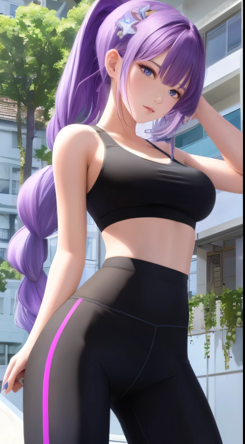 (masterpiece, best quality), high quality, absurdres, highres, ultra detailed, intricate, beautiful woman, 1girl, kafka \(honkai: star rail\), star-kafka, looking at viewer, from behind, looking back, ass, toned, sports bra, leggings, high-waist pants, yoga pants, ponytail, purple hair, purple eyes, sunglasses, hair between eyes, eyewear on head, outdoors,