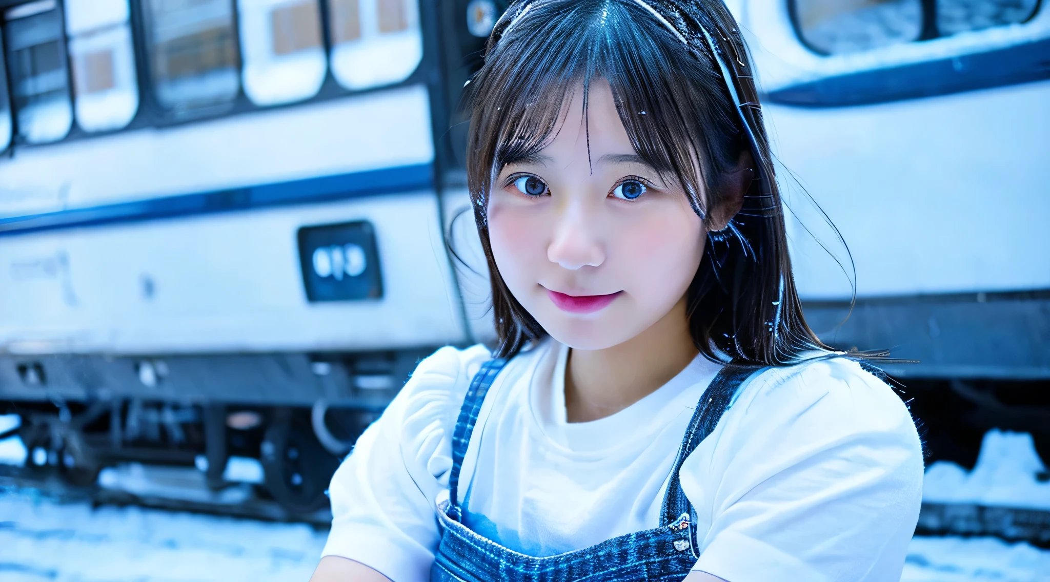 18 year old high school girl wearing a blue miniskirt and white shirt、The background is a snowy city