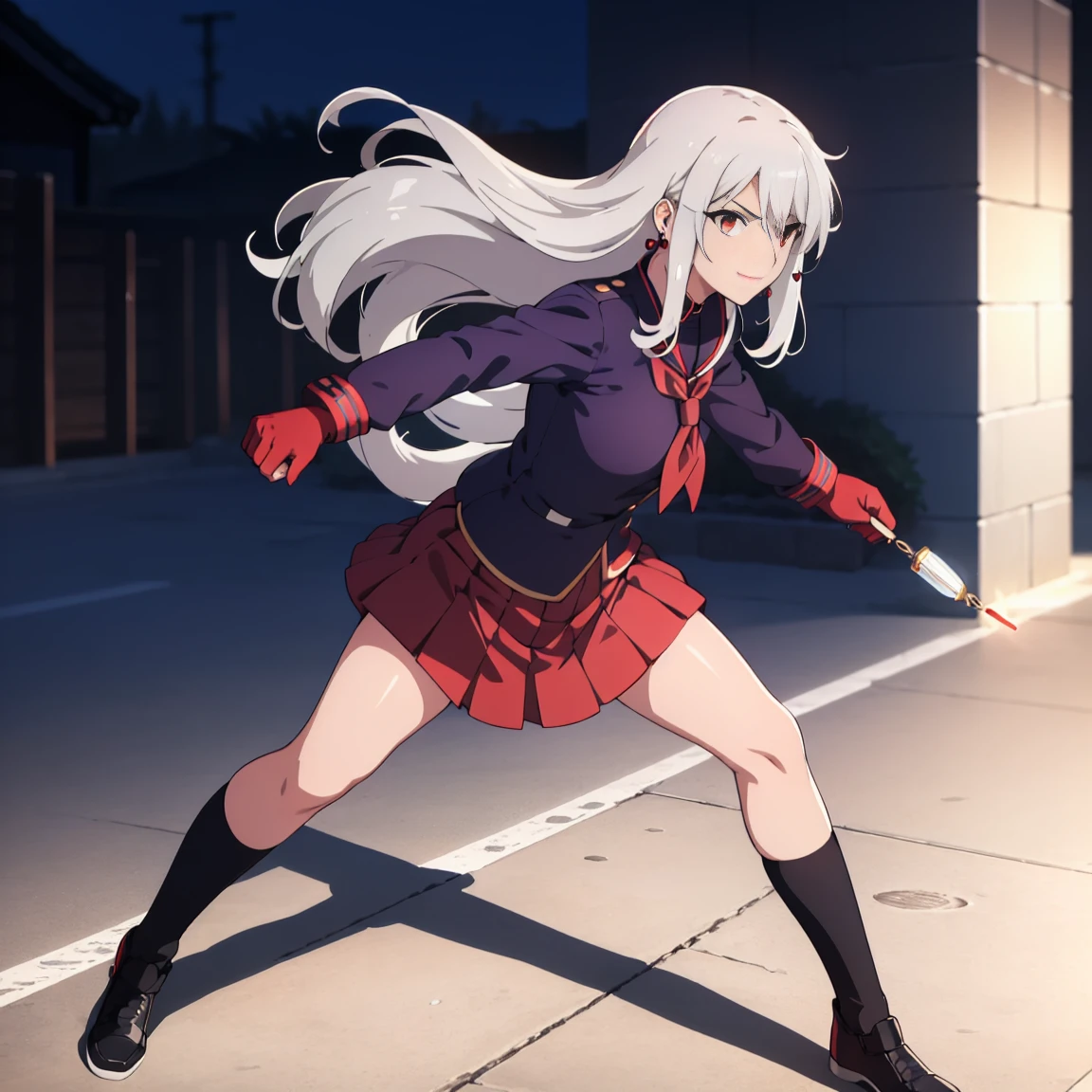 sukeban illyasviel_von_einzbern, mature_female, silver hair, holding yoyo, combat pose, full body, flowing hair, hair between the eyes, asymmetrical hair, red eyes, delicate facial features, sukeban deka clothe, looking_at_viewer, outdoors, background tokyo, ((solo, solo focus, solo girl,1girl))+++++,woman in a 80's sukeban seifuku standing on a set of strees, black school uniform, 80's japanese sukeban photo, sukeban seifuku, 80's japan, sukeban, long black skirt, red converse, full body, light skin tone female, full body, tape, arm_support, gloves, red_gloves, bridal gauntlets, blackred_footwear, fighter outfit, full body, hourglass, mature face, cheeky smile, cheeky face, wrinkles,( silver long hair, earrings, ear piercings), realistic, (fighting art, Martial arts, standing, fighting_stance, fight, fighting), extra colors, 2D, megapixel, perfectionism, accent lighting, full HD , 4K, masterpiece, empty red eyes