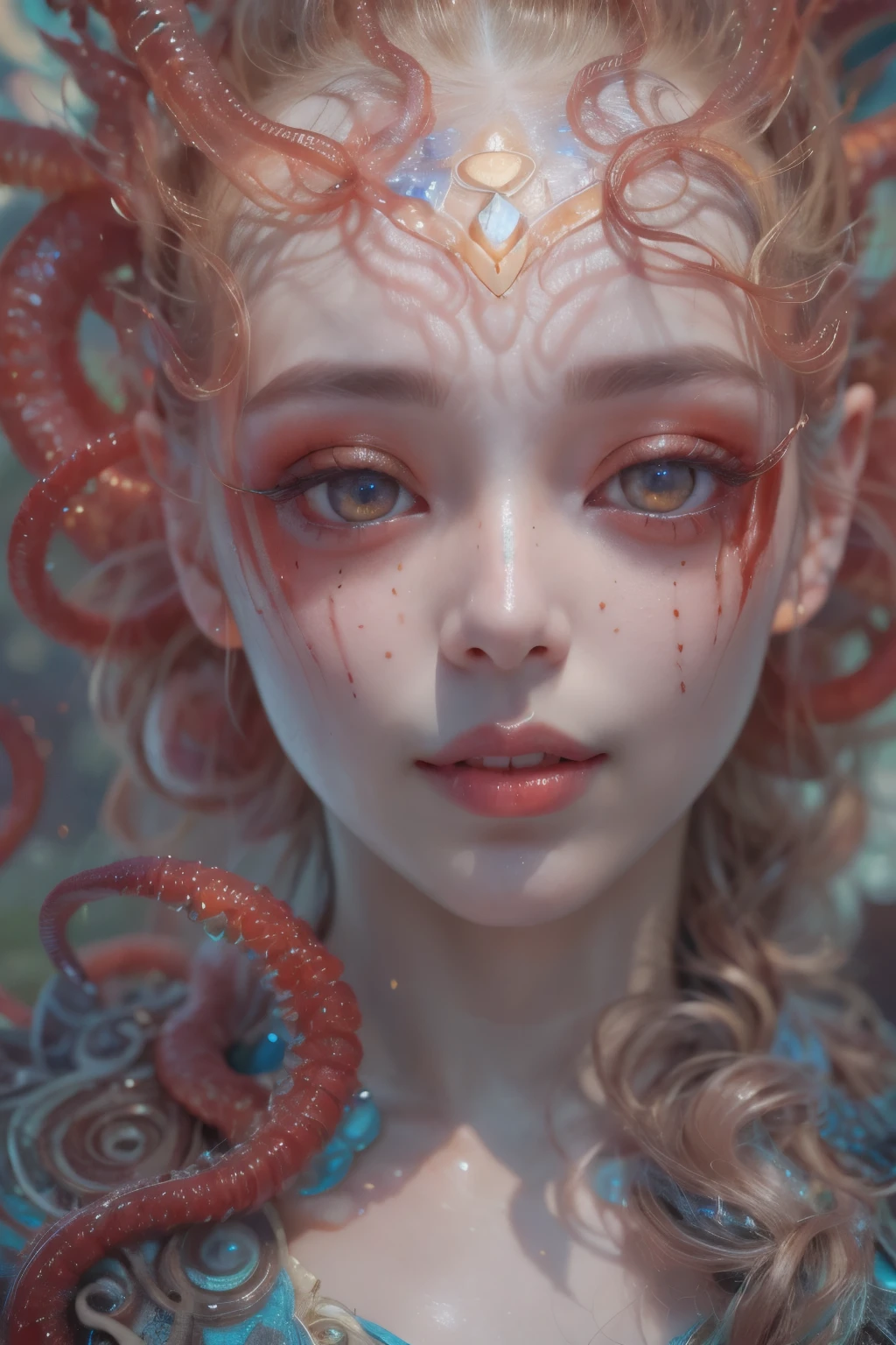 Portrait, (1 beautiful female alien:1.2),  (There is a female genital-like organ in the middle of the forehead:1.8), (The most beautiful face in the history of the universe:1.2), (Scarlet eyes that shine mysteriously:1.6), (Translucent skin:1.8), an evil gaze that seduces, (red eyes:1.5), (large mouth:1.1), sharp teeth like a shark, Full body like, (bio luminescent:1.2), (Smile wickedly:1.3),  (sexypose:1.5), alien, No humans, cells are fused, (Lots of translucent tentacles:1.1) (Translucent skin:1.3), extraterrestrial, cell, bio image, Best Quality, 8K,4K_quality, High Definition, Dramatic Lighting, masutepiece:1.5,cinematic quality, detail up, (Intricate details:1.2), High resolution, High Definition, drawing faithfully, (Thick eyebrows:1.2), Beautiful eyes with fine symmetry, (Ultra detailed eyes:1.2),(Highly detailed face and eyes:1.2), (High-resolution red-eye:1.4), Intimate face, (Super detailed skin quality feeling:1.4), Perfect Anatomy,  (Beautiful toned body:1.5),  (Moist skin:1.2), No makeup, (dark circles:1.1), long canines, cinematic drawing of characters, ultra high quality model, cinematic quality, detail up, (Intricate details:1.2), High resolution, High Definition, drawing faithfully, Official art, Unity 8K wall  , 8K Portrait, Best Quality, Very High resolution, ultra detailed artistic photography, midnight aura,  unreal enginee 5, Ultra Sharp Focus, art by alberto seveso, ArtGerm, Roisch, intricate artwork, best quality, masutepiece, ultra High resolution, (photos realistic:1.4), Ultra-realistic realism, dream-like,  nautilus, Creation of fantasy, Snail, Dream Snail,  (biopunk nautilus:1.3), Thrilling color schemes， Ultra-realistic realism， seductively smiling, Blue tentacles