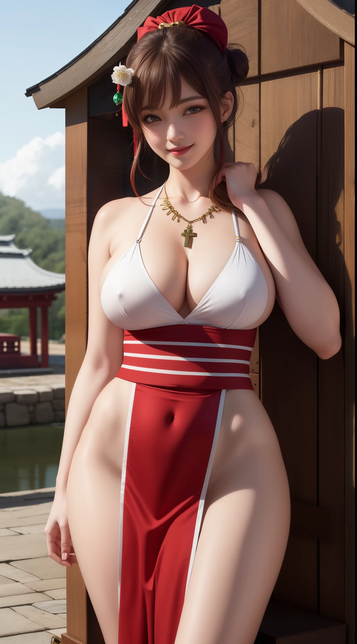 masterpiece, 8K, Ultra-High Definition, highest quality, ultra high resolution, (realistic:1.4), High quality texture, random place, (extremely detailed eyes and face), big breasts, large ass, (oiled body:1.3), long legs, cute, drooping eyes, highlight and shadow, (smiling face1.1), blush, round face, single hair bun, blunt bangs, voluptuous, luxury ornaments, (necklace), (hair ornaments), (((shrine maiden clothes, white and red))), ((silky clothes)),