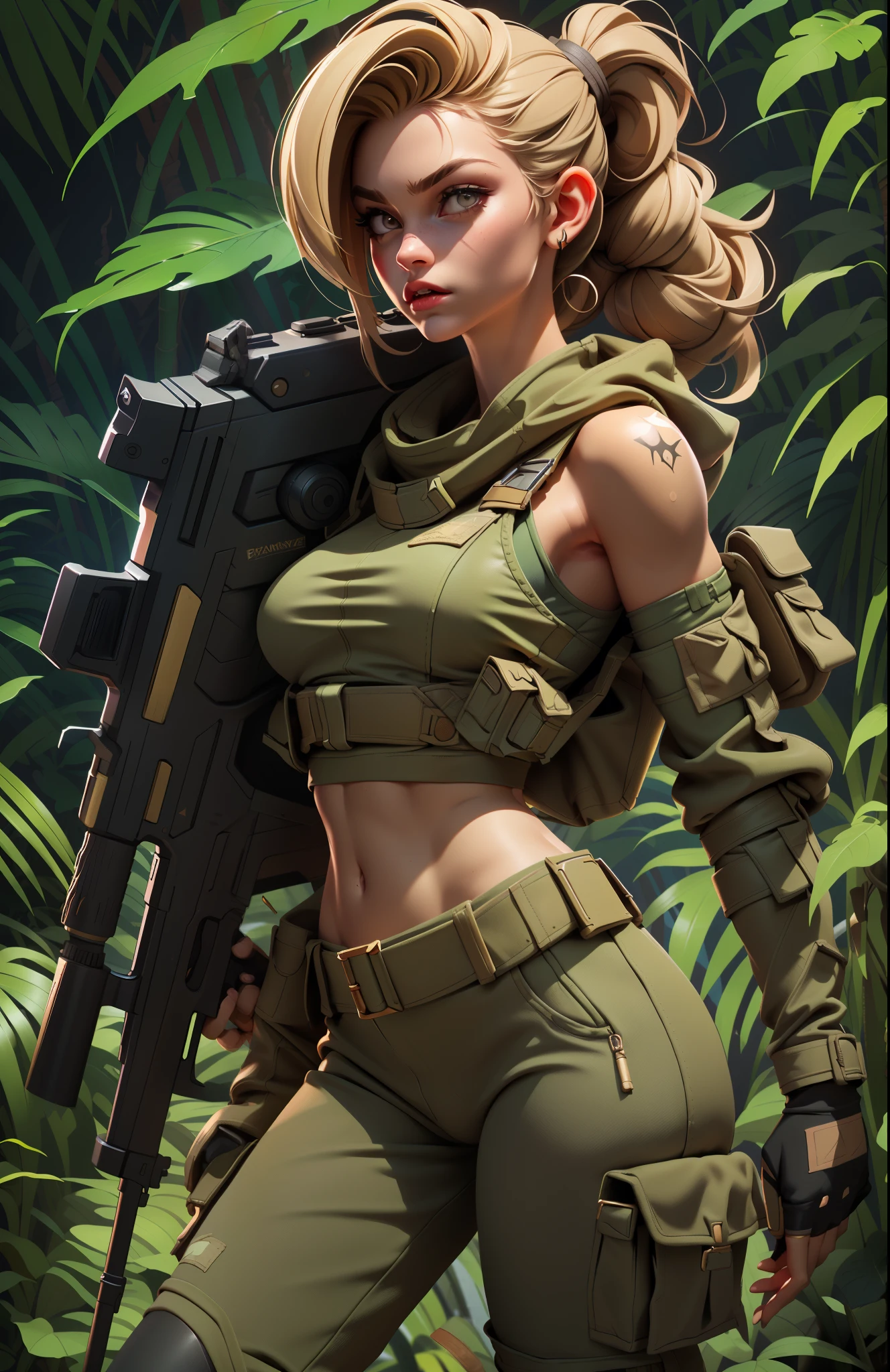 Gorgeous and fearless female soldier, fit body, military croptop, bare shoulders, dark blond hair, tattoo arm, holding big gun, running, jungle background, full detail face, killing eyes, high detail, realistic, photo quality, high quality, (photorealistic:1.6), highly detailed, masterpiece, High-quality shadow, bright jungle