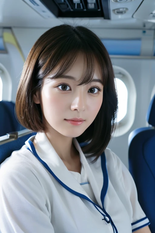 top-quality、​masterpiece、real 20 year old woman、cabin attendant、校服、In-flight、Puku Face、Hairstyle is short、1girl in、hight resolution、