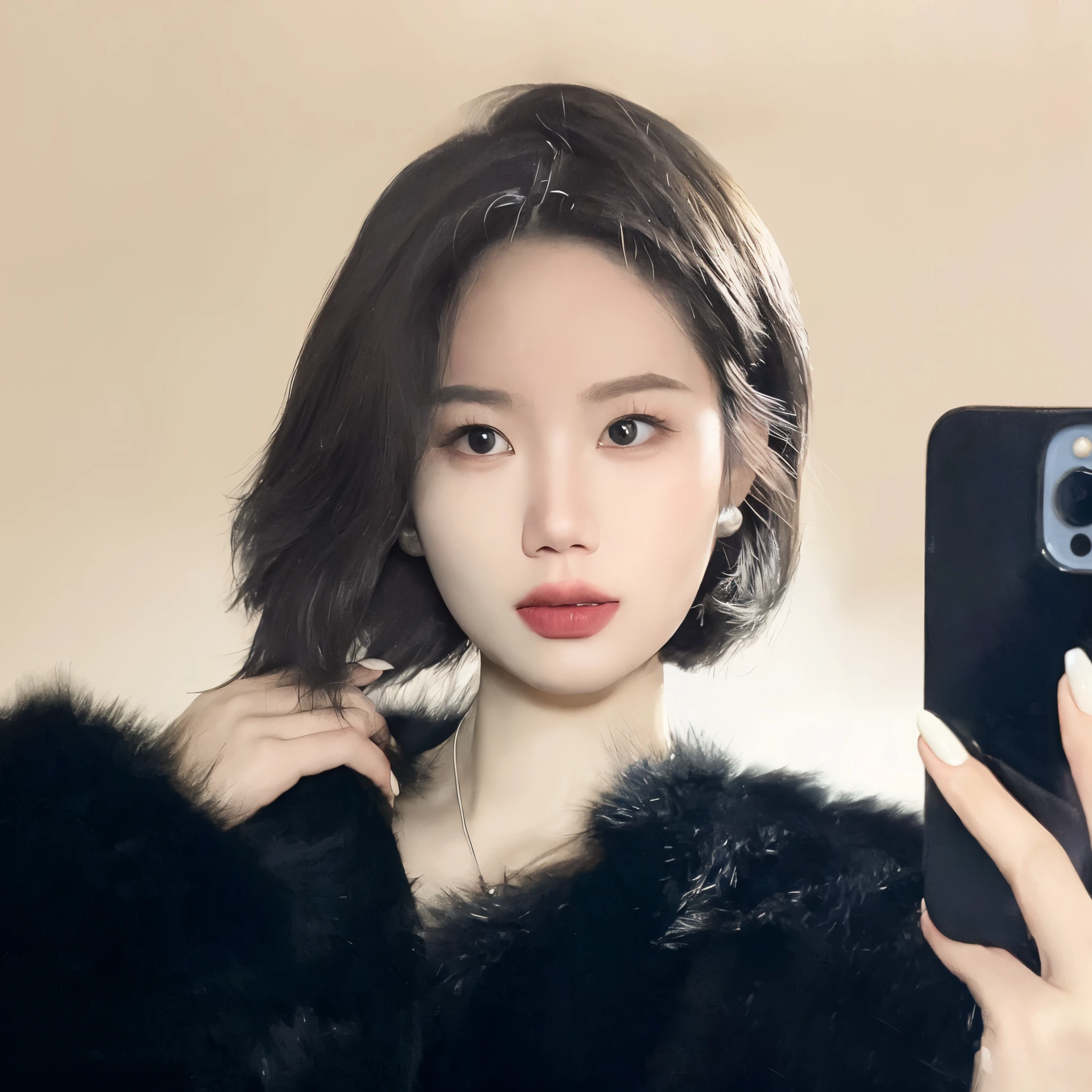 Couple wearing black fur coat is, short detailed hair, ulzzangs, 8K photos, Cui Xianhua, jinyoung shin, Cute Korean face, Portrait of a Korean female idol, with a round face, 年轻Cute Korean face, Lee Ji-eun, lee ji eun, Nam Jae-yeon, Inspired by Shen Si Zheng