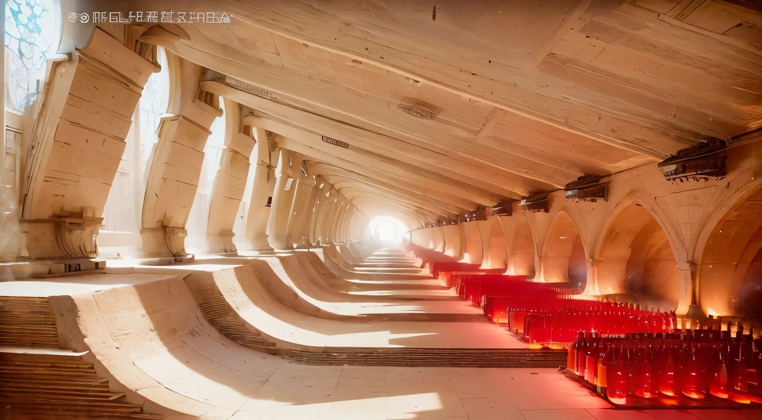 There are many bottles of wine lined up, Organ Album Art, stairways, in the art style of filip hodas, infinite corridor, renzo pianos, pianos, Spectacular composition, by Christo, Stone bench, inspired by Christo, pianoss, liminal space corridor, perspective from below, from below, view from below