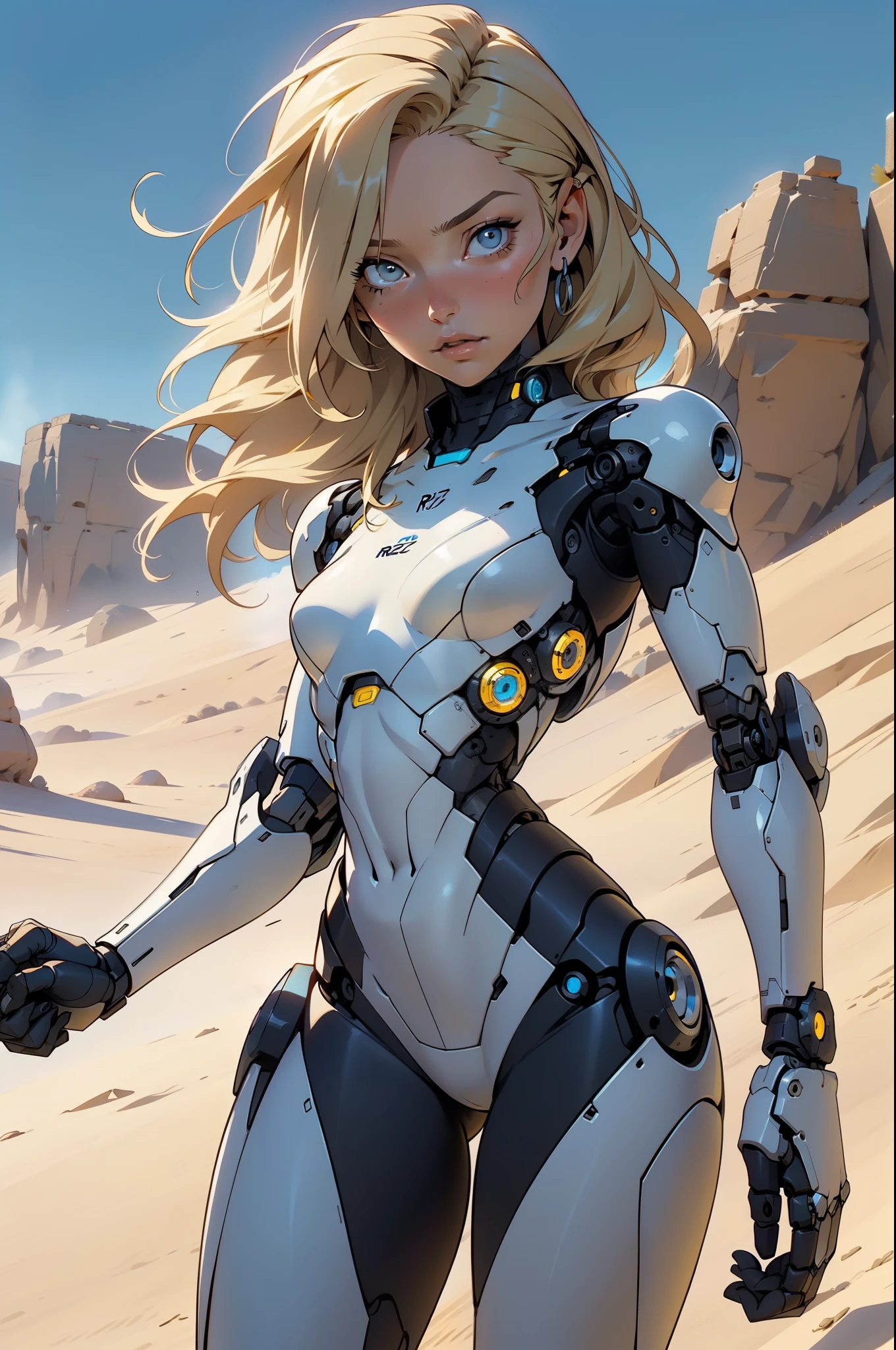 high quality, 4k, masterpiece, beautiful, cyborg girl, cowboy shot, dull eyes, looking at viewer, long blonde hair, girl, small breasts, fit thigh, robotic arms, robotic body, cyborg body, yellow accent, intricate detail, joint, detailed lines, robotic detail, holding fist up, holding hand up as fist, color robotic parts, robotic parts with color, perfect fingers, on a desert planet, sunny background, colorful desert,