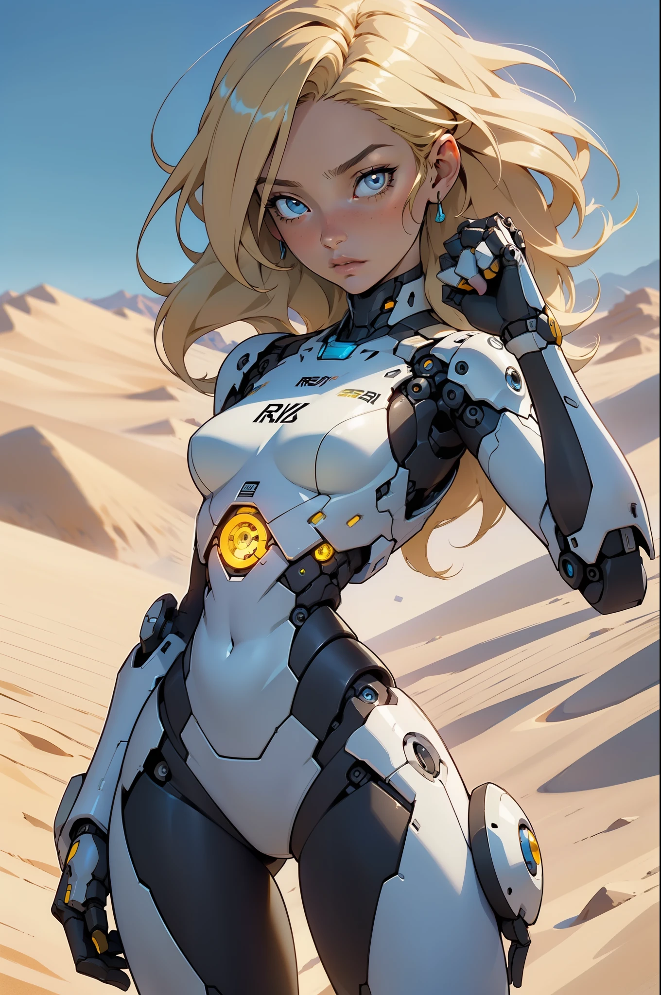 high quality, 4k, masterpiece, beautiful, cyborg girl, cowboy shot, dull eyes, looking at viewer, long blonde hair, girl, small breasts, fit thigh, robotic arms, robotic body, cyborg body, yellow accent, intricate detail, joint, detailed lines, robotic detail, holding fist up, holding hand up as fist, color robotic parts, robotic parts with color, perfect fingers, on a desert planet, sunny background, colorful desert,