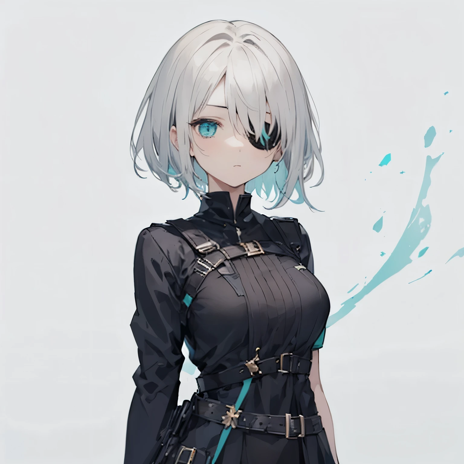 【Highest Quality, masutepiece】 [1 girl,(black eyepatch:1.3) ,Manteau, expressioness, front facing,(turquoise eye:1.3), White hair, short cut hair , oversize jacket, breast, Upper body]