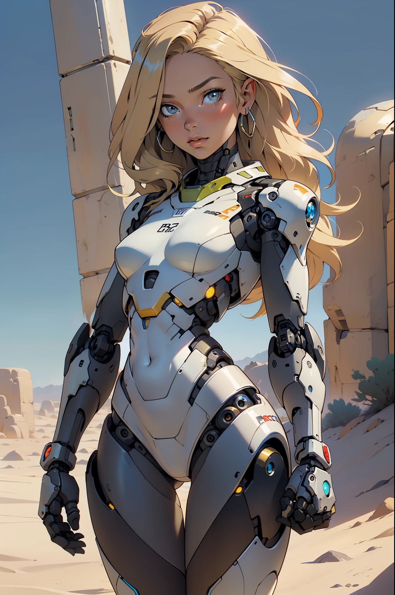 high quality, 4k, masterpiece, beautiful, cyborg girl, cowboy shot, dull eyes, looking at viewer, long blonde hair, girl, small breasts, fit thigh, robotic arms, robotic body, cyborg body, yellow accent, intricate detail, joint, detailed lines, robotic detail, holding fist up, holding hand up as fist, color robotic parts, robotic parts with color, perfect fingers, on a desert planet, sunny background, colorful desert,