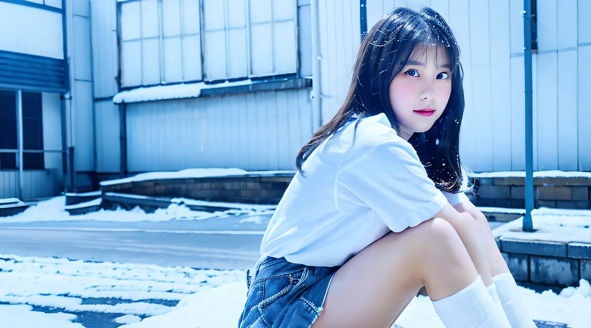 18 year old high school girl wearing a blue miniskirt and white shirt、The background is a snowy city