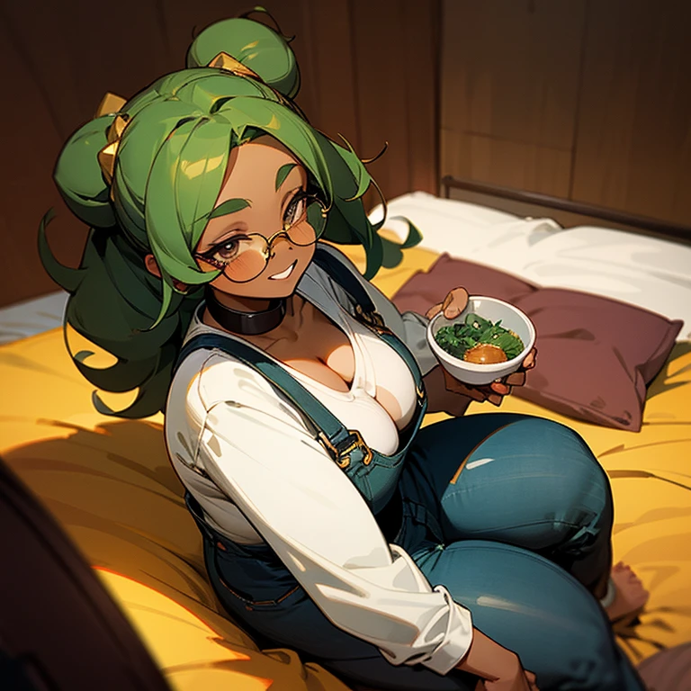 Dark Brown skin tanuki girl, ebony skin, dark brown skin, grey eyes, green long hair, green space buns, curly green hair, 25 years old, chubby, curvy, fat, big butt, big breast, sitting seductively on bed , girl, gold circle glasses , facing camera, explicit, black overalls, denim overalls, flannel, collar on neck , grinning, cleavage showing, holding a plushie, vfx, high def, best quality, high angle, atmospheric lighting, girly boy,