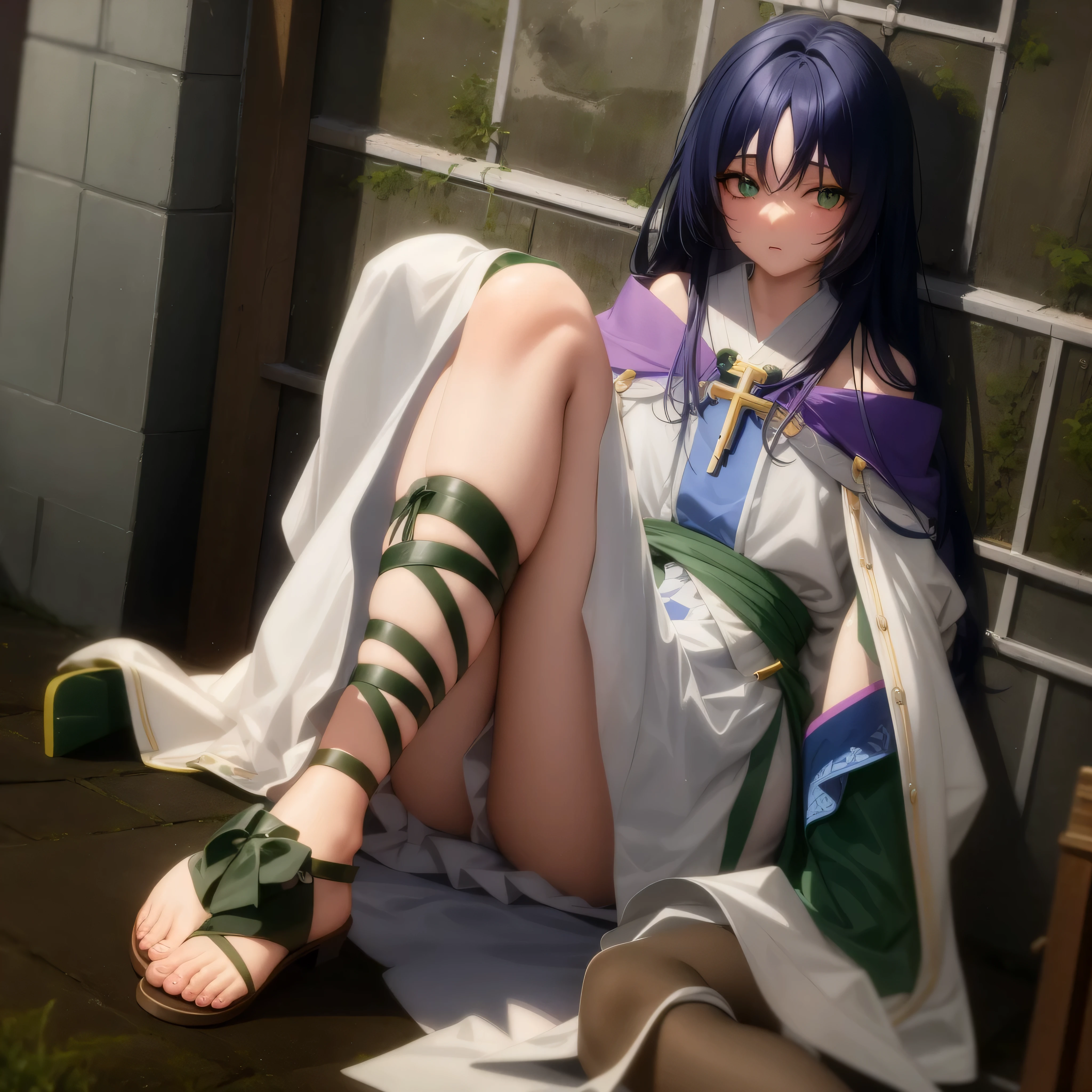 Anime girl sitting cross-legged on the ground, albedo, Blue hair and green eyes，Sand hair and robe，give people transparency、Her calm appearance is a slender beauty that attracts men's attention.；1990s anime style, Refer to the painting style of Japanese painter Lin Shi