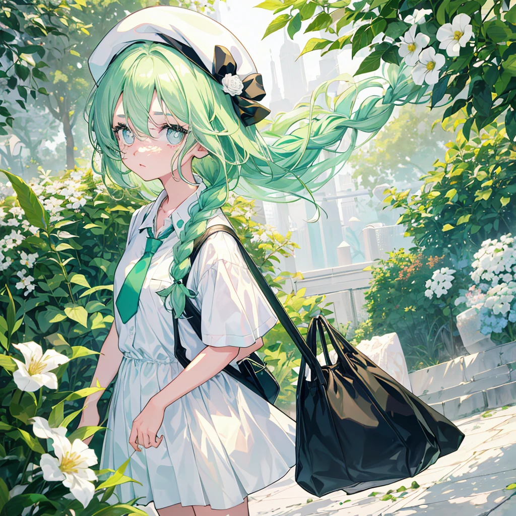 1girl in, (bags under eyes:1.5), Mint green hair, twin_braid, White beret, White shirt, flower necktie