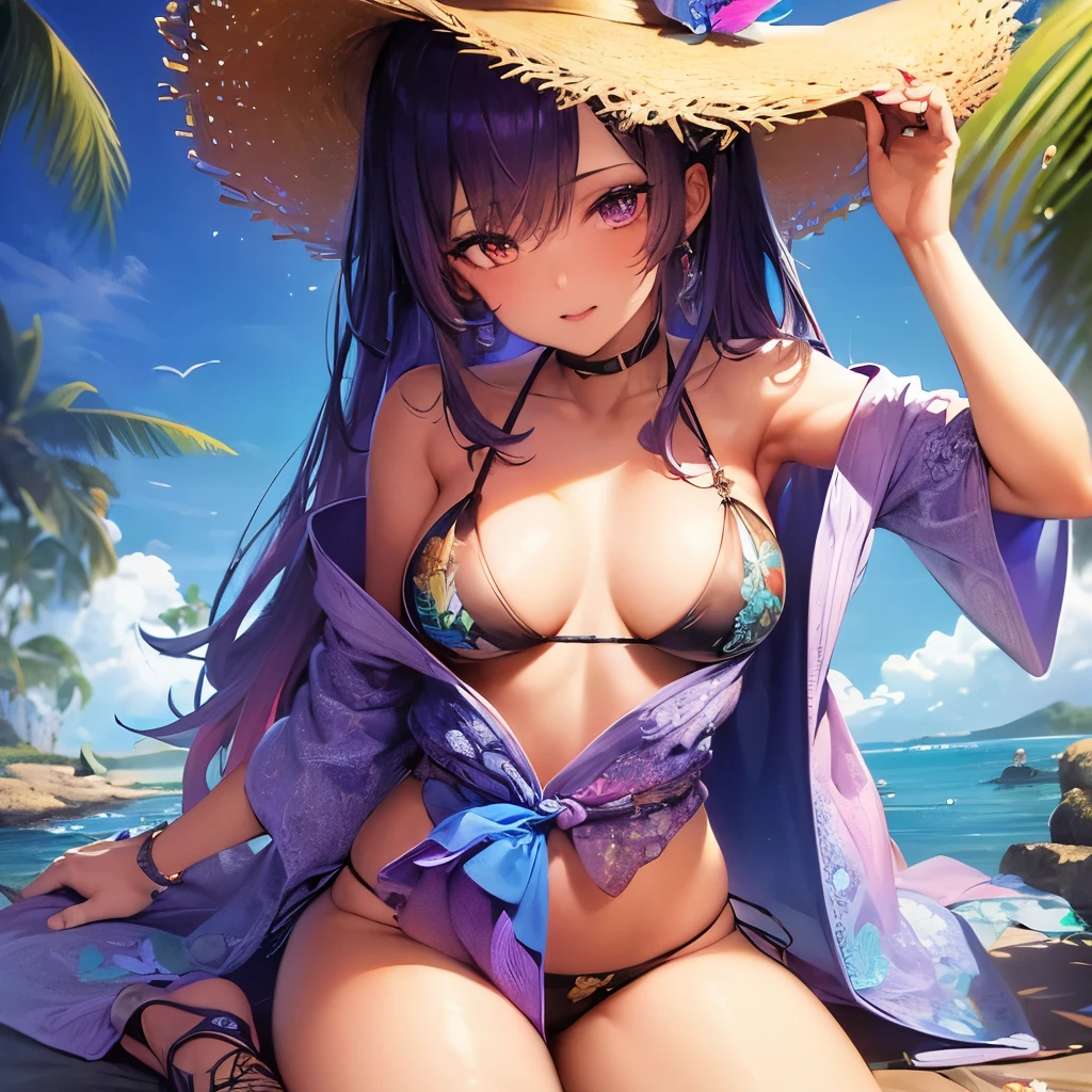 ((best quality)),((masterpiece)),((strikingly beautiful)), mature, 1girl, solo, high quality, masterpiece, skinny, gyaru, magthereal witch, multi colored, slutty, winged eyeliner, tropical shirt, tropical sun hat with feather, purple and blue colored hair, purple and blue clothing, feather in hat, heavy makeup, japanese