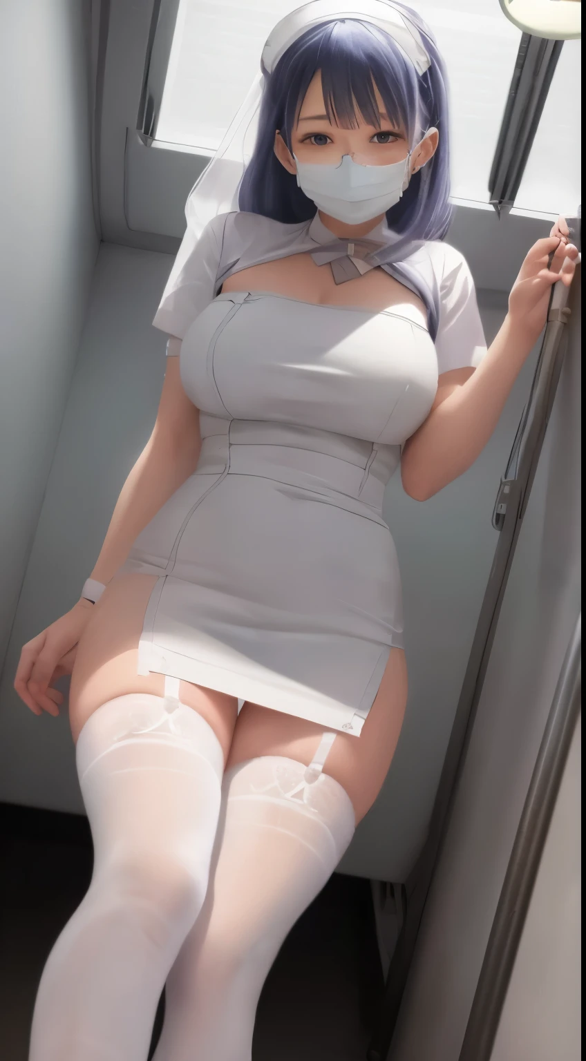 1woman, solo, nurse, nurse cap, white wear, ((white legwear, zettai ryouiki)), white gloves, glasses, blue hair, orange eyes, ((white surgical mask, covered nose)), standing, ((hospital room)), sharp outline, short sleeves, female, 35 years old, best quality, masterpiece
