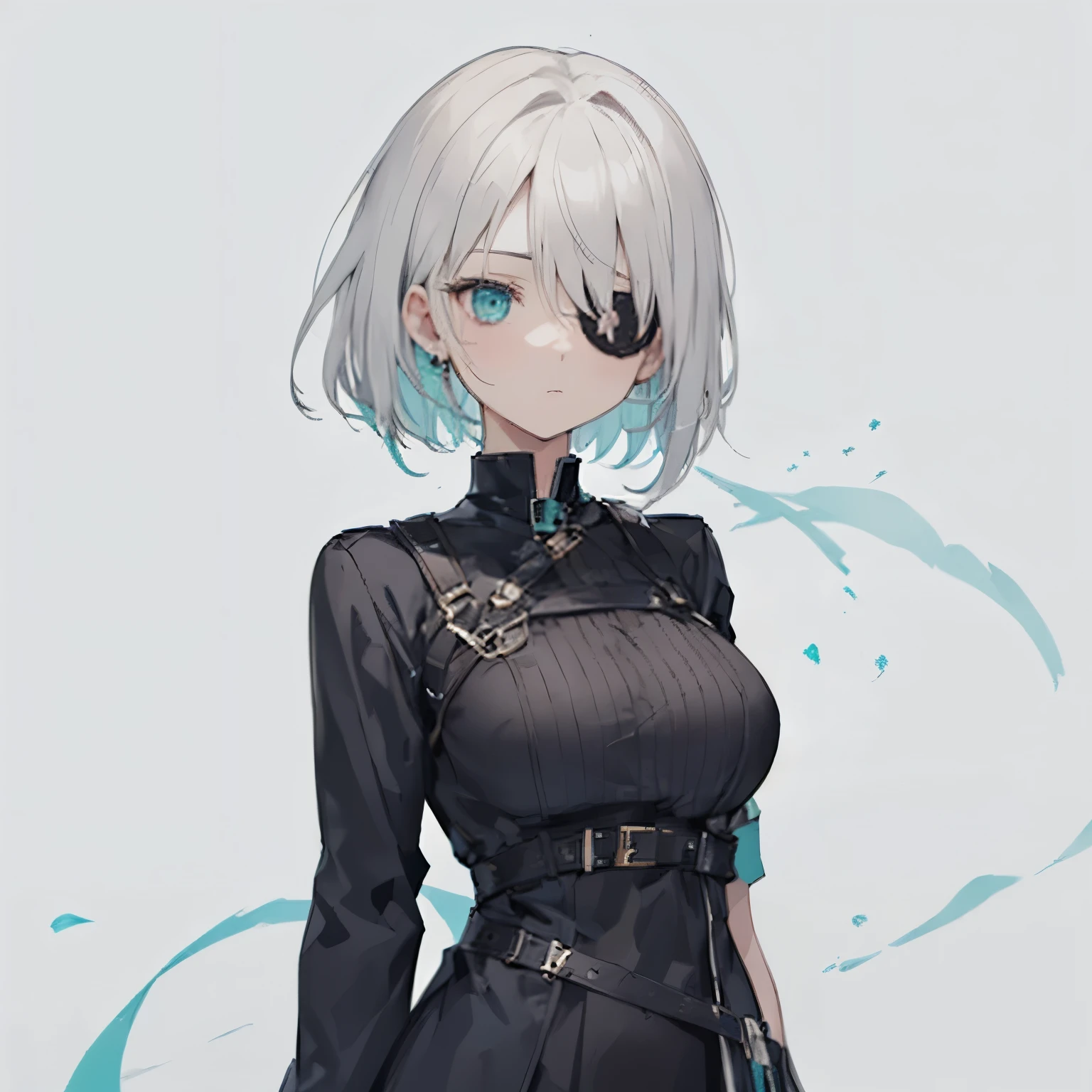 【Highest Quality, masutepiece】 [1 girl,(black eyepatch:1.3) ,Manteau, expressioness, front facing,(turquoise eye:1.3), White hair, short cut hair , oversize jacket, breast, Upper body]