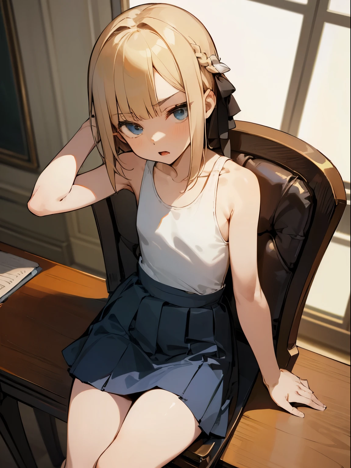 Reines, 1girl, high quality, best quality, illustration, masterpiece, (highly detailed:1.2), (extremely detailed:1.3), flat chest, white tank top, , ribbon, school skirt, braid, petite, loli,rm on desk, sitting on chair, slender thighs, in a house, short hair