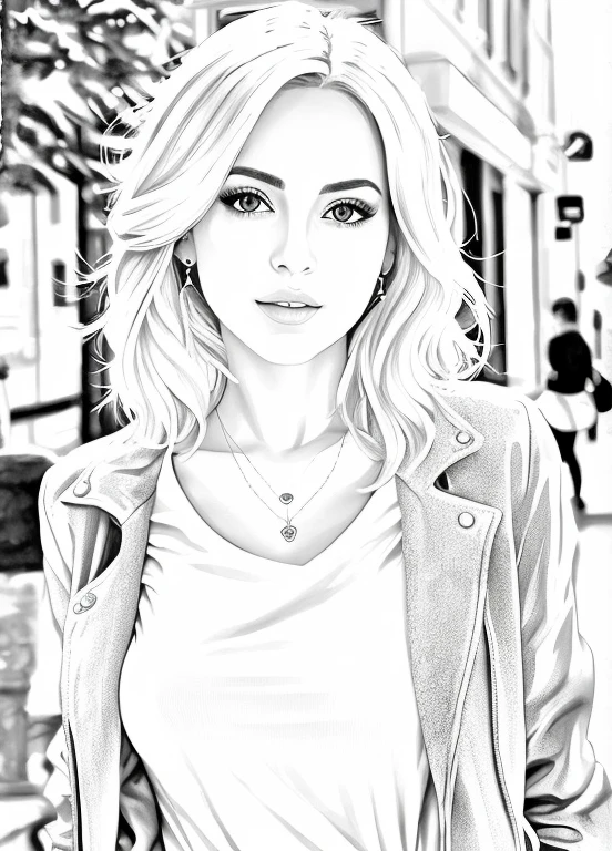 mulher loira com jaqueta e colar em uma rua da cidade, desenhado com photoshop, sketch black and white colors, great arte digital with details, desenho digital realista, arte digital picture, realistic sketch, No estilo de arte de Bowater, Arte de linha intensa, digital pencil painting, estilo de arte fotorrealista, arte digital of an elegant, realistic arte digital, arte digital!!