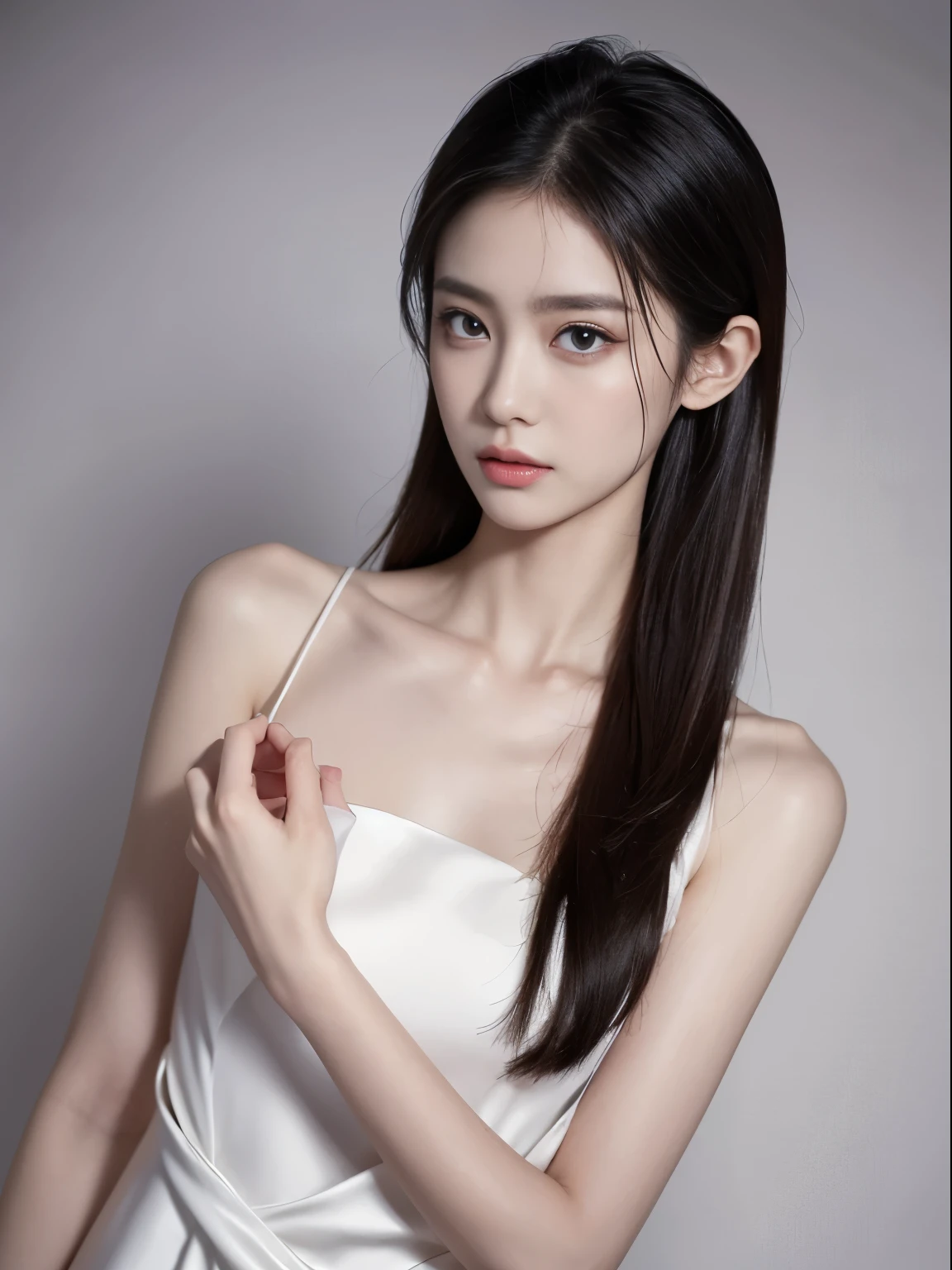 (Photorealistic),(Masterpiece),(ultra-detailed),a shot of very beautiful and tall but so delicate and weak and thin and fragile because she hasn’t eaten for a month,wearing a baggy white silk dress ,have absolutely no fat or muscles, quite tall but very small and feeble and fragile body frame,enduring extreme hunger,big eyes and very small face,about to faint but resisting