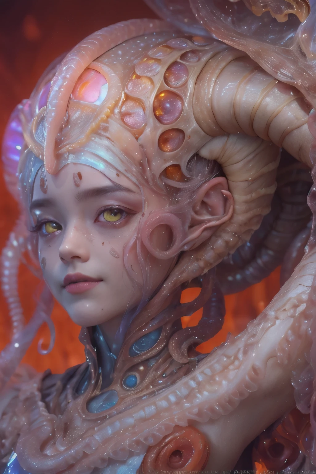 Portrait, (1 beautiful female alien:1.2),  (There is a female genital-like organ in the middle of the forehead:1.8), (The most beautiful face in the history of the universe:1.2), (Scarlet eyes that shine mysteriously:1.6), (Translucent skin:1.8), an evil gaze that seduces, (red eyes:1.5), (large mouth:1.1), sharp teeth like a shark, Full body like, (bio luminescent:1.2), (Smile wickedly:1.3),  (sexypose:1.5), alien, No humans, cells are fused, (Lots of translucent tentacles:1.1) (Translucent skin:1.3), extraterrestrial, cell, bio image, Best Quality, 8K,4K_quality, High Definition, Dramatic Lighting, masutepiece:1.5,cinematic quality, detail up, (Intricate details:1.2), High resolution, High Definition, drawing faithfully, (Thick eyebrows:1.2), Beautiful eyes with fine symmetry, (Ultra detailed eyes:1.2),(Highly detailed face and eyes:1.2), (High-resolution red-eye:1.4), Intimate face, (Super detailed skin quality feeling:1.4), Perfect ,  (Beautiful toned body:1.5),  (Moist skin:1.2), No makeup, (dark circles:1.1), long canines, cinematic drawing of characters, ultra high quality model, cinematic quality, detail up, (Intricate details:1.2), High resolution, High Definition, drawing faithfully, Official art, Unity 8K wall  , 8K Portrait, Best Quality, Very High resolution, ultra detailed artistic photography, midnight aura,  unreal enginee 5, Ultra Sharp Focus, art by alberto seveso, ArtGerm, Roisch, intricate artwork, best quality, masutepiece, ultra High resolution, (photos realistic:1.4), Ultra-realistic realism, dream-like,  nautilus, Creation of fantasy, Snail, Dream Snail,  (biopunk nautilus:1.3), Thrilling color schemes， Ultra-realistic realism， seductively smiling, Blue tentacles