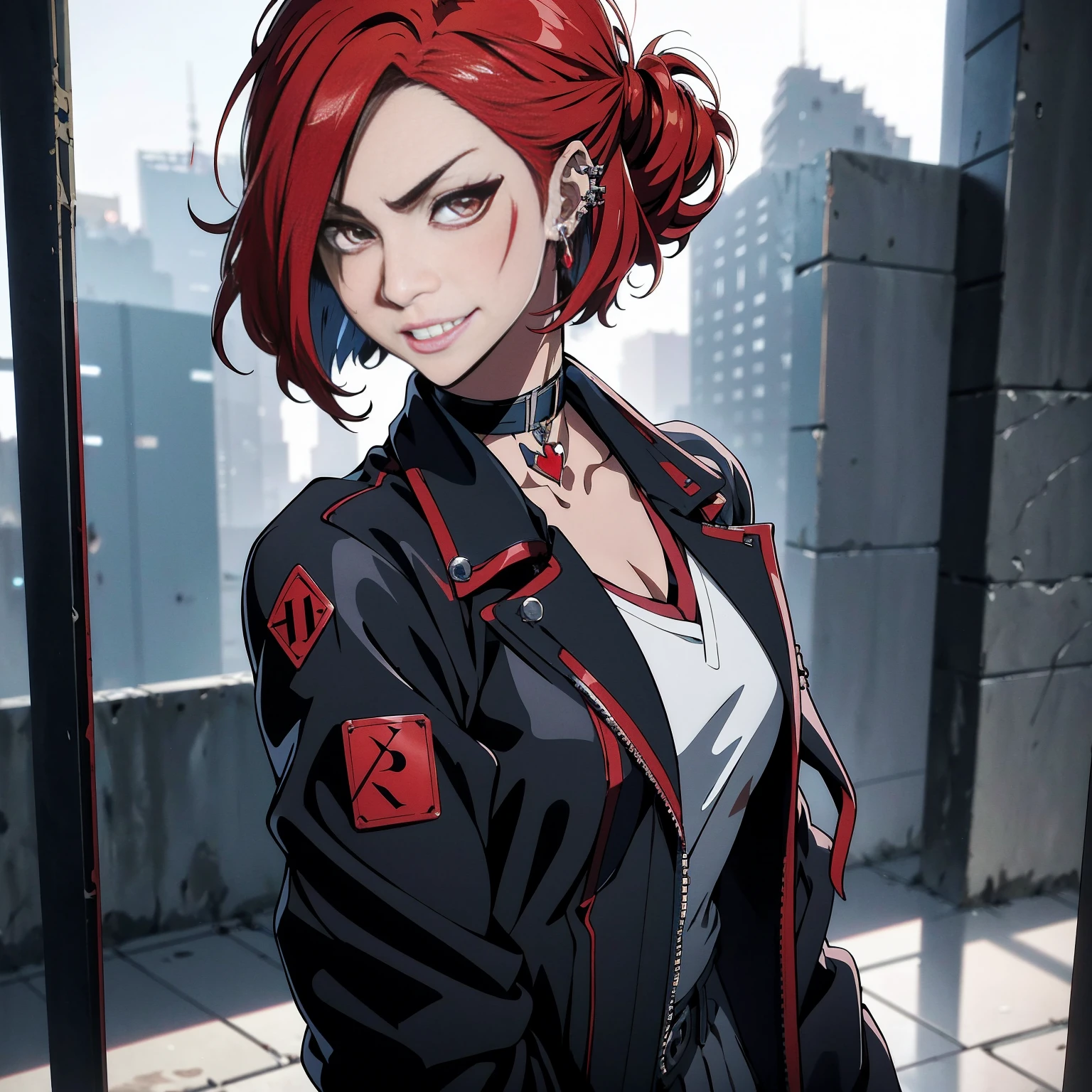 in the art style of persona 5, smal breast, delinquent, (sukeban), mature_female, blush, mature, older woman, 25 years old, Sukeban teacher outfit, (1girl, solo female, solo, solo focus)++++, choker, sukeban teacher, sukeban fighter, long_sleeves, open jacket, blue jacket,( jean)+++, light skin tone female, full body, jacket, biker jacket, tape, arm_support, gloves, red_gloves, bridal gauntlets, nail polish, boots, black_footwear, fighter outfit, full body, hourglass, mature face, cheeky smile, cheeky face, wrinkles, (red hair, short hair, bob cut, earrings, ear piercings), red eyeighting art, Martial arts, standing, fighting_stance, fight, fighting), extra colors, 2D, megapixel, perfectionism, accent lighting, full HD , (Masterpiece:1.2), (full-body-shot:1),(cowboy shot:1.2), (Highly detailed:1.2),(anime Detailed Face:1.2), Colorful, A detailed eye, (Detailed landscape:1.2), (natural lighting:1.2), ((sukeban school teacher)) by Vincent Di Fate: Aidyllery, Anamorphic Shot, rule of thirds, face by Artgerm and WLOP,