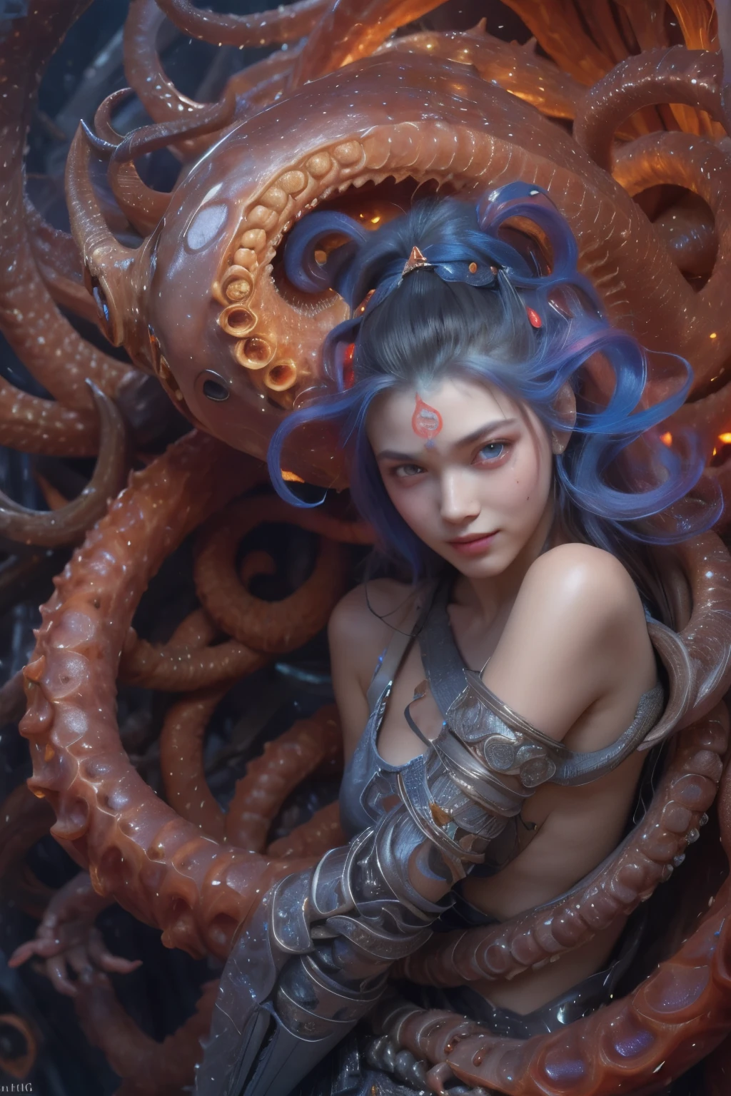 Portrait, (1 beautiful female alien:1.2),  (There is a female genital-like organ in the middle of the forehead:1.8), (The most beautiful face in the history of the universe:1.2), (Scarlet eyes that shine mysteriously:1.6), (Translucent skin:1.8), an evil gaze that seduces, (red eyes:1.5), (large mouth:1.1), sharp teeth like a shark, Full body like, (bio luminescent:1.2), (Smile wickedly:1.3),  (sexypose:1.5), alien, No humans, cells are fused, (Lots of translucent tentacles:1.1) (Translucent skin:1.3), extraterrestrial, cell, bio image, Best Quality, 8K,4K_quality, High Definition, Dramatic Lighting, masutepiece:1.5,cinematic quality, detail up, (Intricate details:1.2), High resolution, High Definition, drawing faithfully, (Thick eyebrows:1.2), Beautiful eyes with fine symmetry, (Ultra detailed eyes:1.2),(Highly detailed face and eyes:1.2), (High-resolution red-eye:1.4), Intimate face, (Super detailed skin quality feeling:1.4), Perfect Anatomy,  (Beautiful toned body:1.5),  (Moist skin:1.2), No makeup, (dark circles:1.1), long canines, cinematic drawing of characters, ultra high quality model, cinematic quality, detail up, (Intricate details:1.2), High resolution, High Definition, drawing faithfully, Official art, Unity 8K wall  , 8K Portrait, Best Quality, Very High resolution, ultra detailed artistic photography, midnight aura,  unreal enginee 5, Ultra Sharp Focus, art by alberto seveso, ArtGerm, Roisch, intricate artwork, best quality, masutepiece, ultra High resolution, (photos realistic:1.4), Ultra-realistic realism, dream-like,  nautilus, Creation of fantasy, Snail, Dream Snail,  (biopunk nautilus:1.3), Thrilling color schemes， Ultra-realistic realism， seductively smiling, Blue tentacles